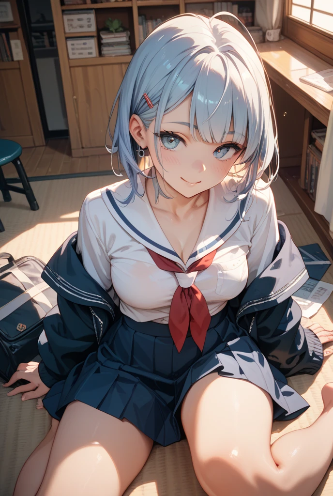 (highest quality:1.2, 4K, 8k, Studio Anime, Very detailed, Latest, Vibrant, High detail, High Contrast, masterpiece:1.2, highest quality, Best aesthetics), (((1 girl))), Sit and pose, jk, Sailor suit, Pleated skirt, loose socks, loafers, Please open your mouth a little:1.2, smile, Dynamic Angle, look up:1.3, Friendly atmosphere, Beautiful Hair, Shiny Hair, Beautiful Skin, detailed face and eyes, Glossy lips, female curvy beauty, Striking contrast,