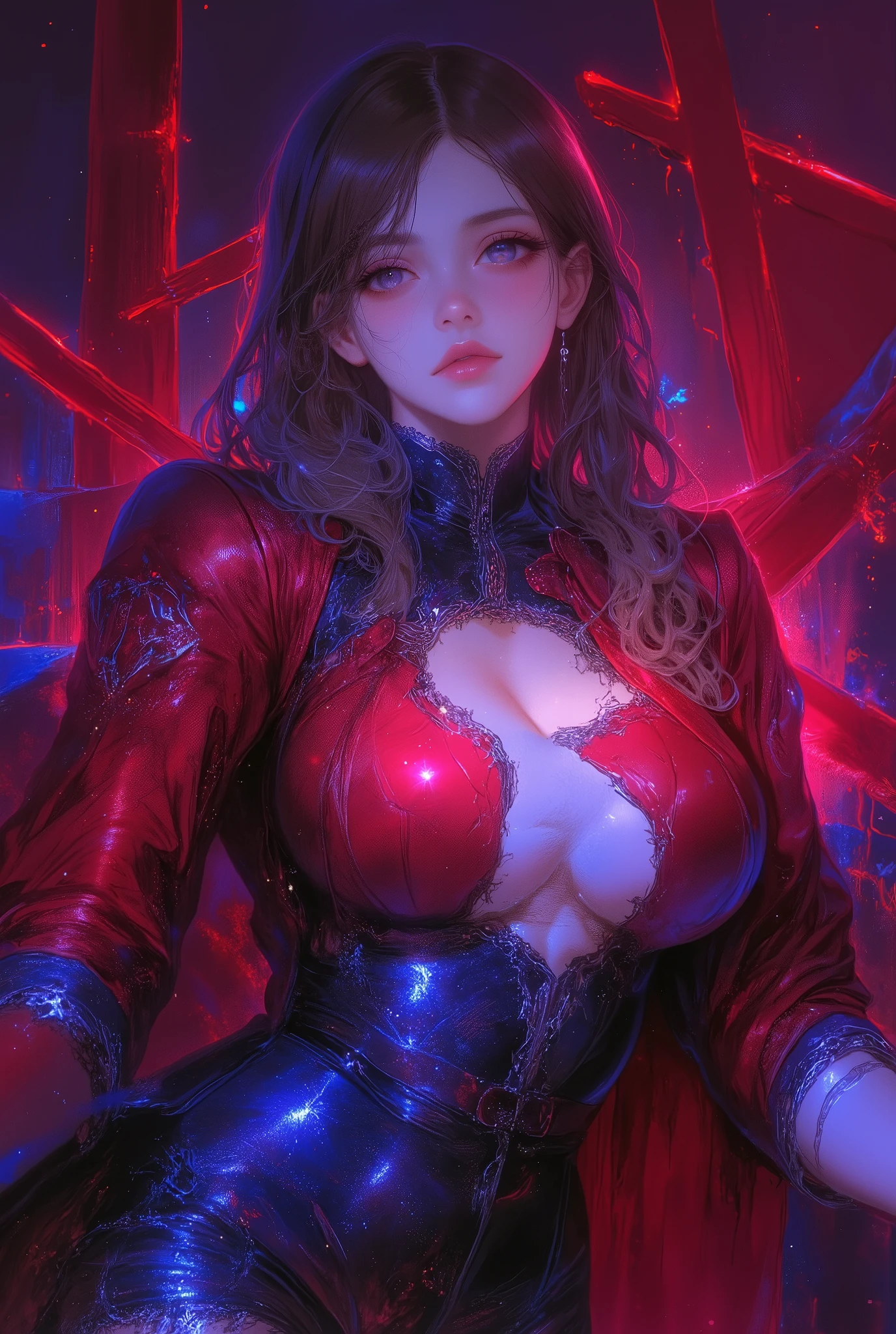 portrait shot, ((vivid red hair)), mature woman, 30 years old, diamond face, moonlight, red starry sky background, depth of field, magic, big red lips, ((dark and red black eyes)) black and red long and full dress, covered chest, mystical atmosphere, ominous shadows, Intense blue aura, Intense red aura (best quality:1.2), absurdres, intricate details, (highly detailed skin:1.2), smile expression, posing, taut and well defined body, attractive. Highly realistic, pale skin, beautiful, hyperrealism, skin very elaborated, direct gaze, (RAW, analogue, Nikon Z 14mm ultra-wide angle lens, award-winning glamour photograph, ((best quality)), ((masterpiece)), ((realistic)), skin pores, subsurface scattering, high-res, detailed facial features, high detail, sharp focus, smooth, aesthetic, extremely detailed, (extremely detailed eyes, extremely detailed iris), extremely detailed hair, extremely detailed skin, extremely detailed clothes, octane render, photorealistic, realistic, post-processing, max detail, realistic shadows, roughness, natural skin texture, real life, ultra-realistic, photorealism, photography, 8k UHD, photography, hdr, intricate, elegant, highly detailed, sharp focus, stunning, beautiful, gorgeous), realistic, masterpiece, highest quality, movie still, cloud girl, floating in the sky, (close-up:1.1), medium breast, bright, happy, fun, soft lighting,