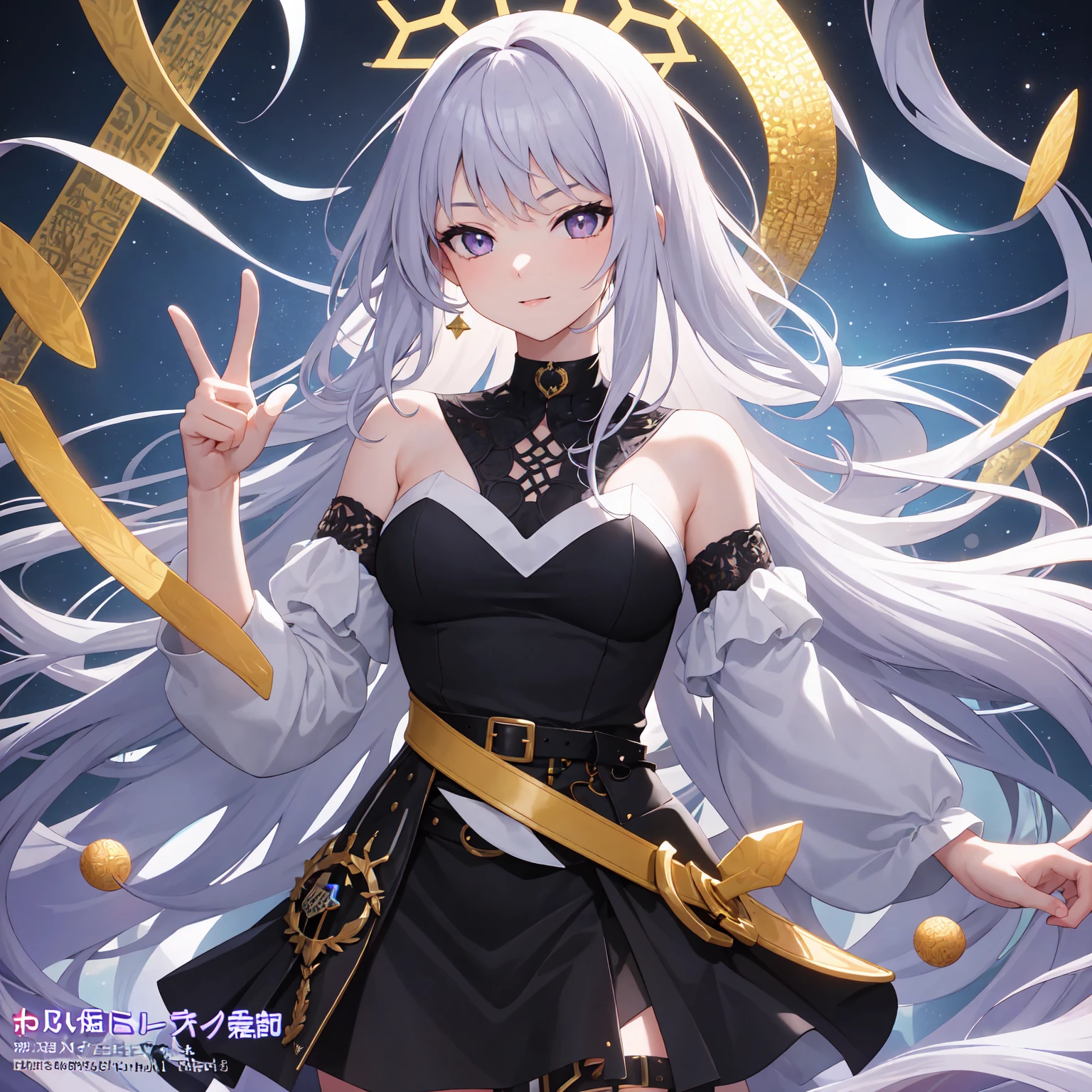 la+ darknesss, 1girl, solo, long hair, looking at viewer, blush, smile, open mouth, bangs, thighhighs, gloves, dress, holding, standing, yellow eyes, purple hair, ahoge, grey hair, multicolored hair, horns, alternate costume, fang, white gloves, armpits, arm up, official alternate costume, streaked hair, standing on one leg, demon girl, demon horns, bike shorts, single thighhigh, microphone, skin fang, holding microphone, idol, idol clothes, hololive idol uniform,