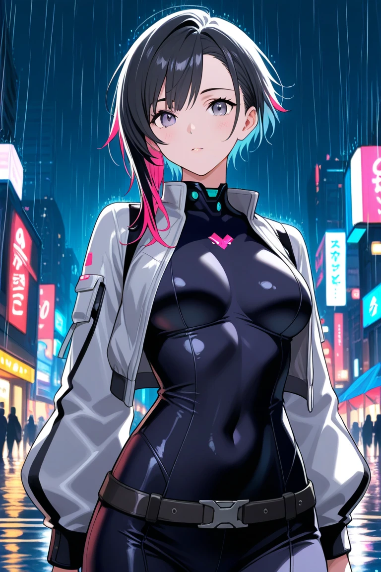 portrait, 1 girl, beautiful face, asymmetrical hair, multi-colored hair, belt, bodysuit, covered mouth, covered navel, detached sleeves, grey eyes, hip vent, open jacket, cute, look at viewer, night city, neon, rainy, open chest view of breast, open crotch revealing a messy creampie