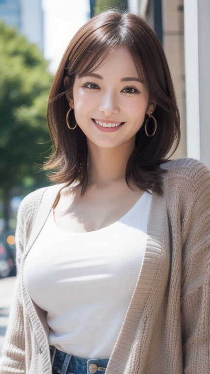 ((Best Quality, 8k, Sharp Focus, 35mm Lens, Masterpiece: 1.2, Natural Light, Ultimate Girl, Highly Detailed Facial Textures)), (Shoulder Knit Sweater), (hot pants), (Park: 1.2 ), medium breast, necklace, highly detailed facial textures, inverted triangle face, detailed beauty makeup:1.2, ultra-detailed skin, navel, detailed bangs, (detailed eyes:1.2), Grinning, medium short hair, looking at viewer,