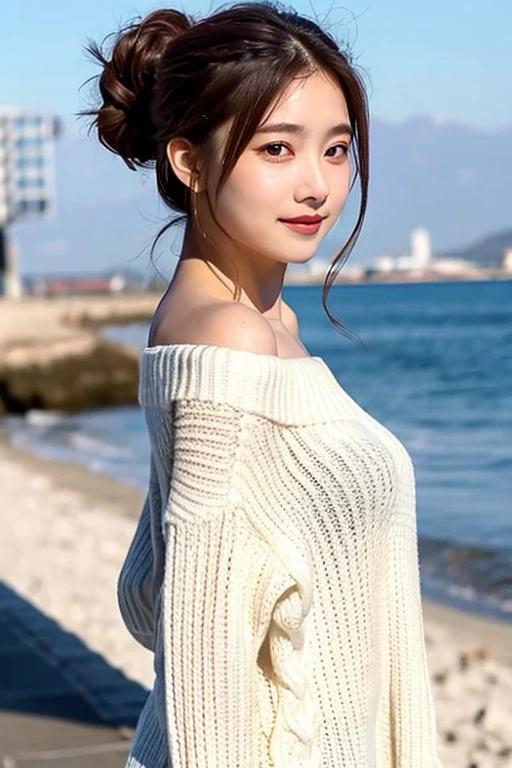 (8Khigh resolution), (best quality), (RAW image quality),(On the table:1.2), (Practical), (Practical:1.37), Oval face,White-eye,Long eyelashes,Double eyelids,（Live-action Practical style）,Ultimate Face,Practical light and shadow,Clear facial features,Milky white skin,White skin, High Detail Skin,Practical skin details,Visible pores,（Very detailed）,Random hair length, （Flowing hair）,Take the best portraits,,Very detailedな, 1- Girl, Lovely,Beautiful and delicate eyes, Beautifully detailed nose, Very delicate skin,whole body ,(eye contact),(Large Breasts、Full breasts)、(Double eyelidsの美しい顔),((whole body画像)), (realism: 1.4),high resolution, Excellent details, ultra high resolution, (Show your most beautiful smile to the audience),,Beautiful face,,20 years old,(Beautiful Face 1.4),slim, (Long hand-knit off-shoulder top:1.2)、(Plaid pleated skirt:1.2),Sea，seaside，Beach