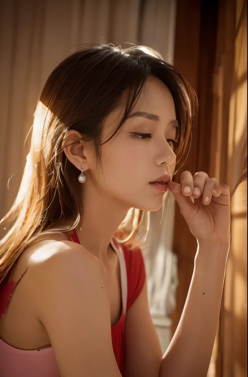 Acrobatic Poses :1.2、Profile Overlooking Bed,Japan'Most Beautiful Secretary、 open your mouth and scream、Put your hand in front of your mouth:1.5、、Fingers in a gripping pose:1.3、:1.5、.3、 worried expression1.3、Climax facial expression 1 .3、Half-closed eyes 1.3、 hollow gaze:1.3、pure white skin、dark brown long hair、adult face、Long face、expensive鼻、expensive:1.2、 High definition eyes 、 brown eyes in the bedroom、(light makeup、 Light Lipstick、huge :1.2)、 fine eyebrows、 thin necklace because of small things、 small earrings 、 ticker, Super Detail 、 Depth of border 、 A Night in Bed 、 hotel room at night 、facing the front、One nipple is transparent