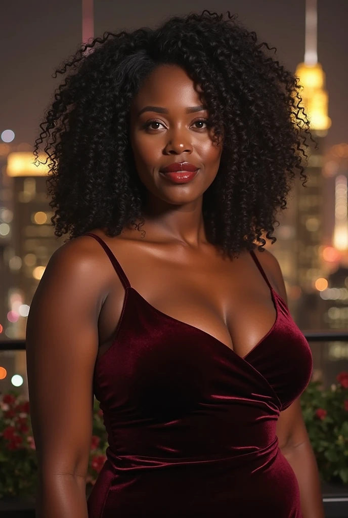 real black woman with afro curly hair and with beautiful eyes , she smilling , she is 30 years old, she weights 160 pounds and measures 1m72, she wearing a beautiful night long red dress for christmas next to a christmas tree