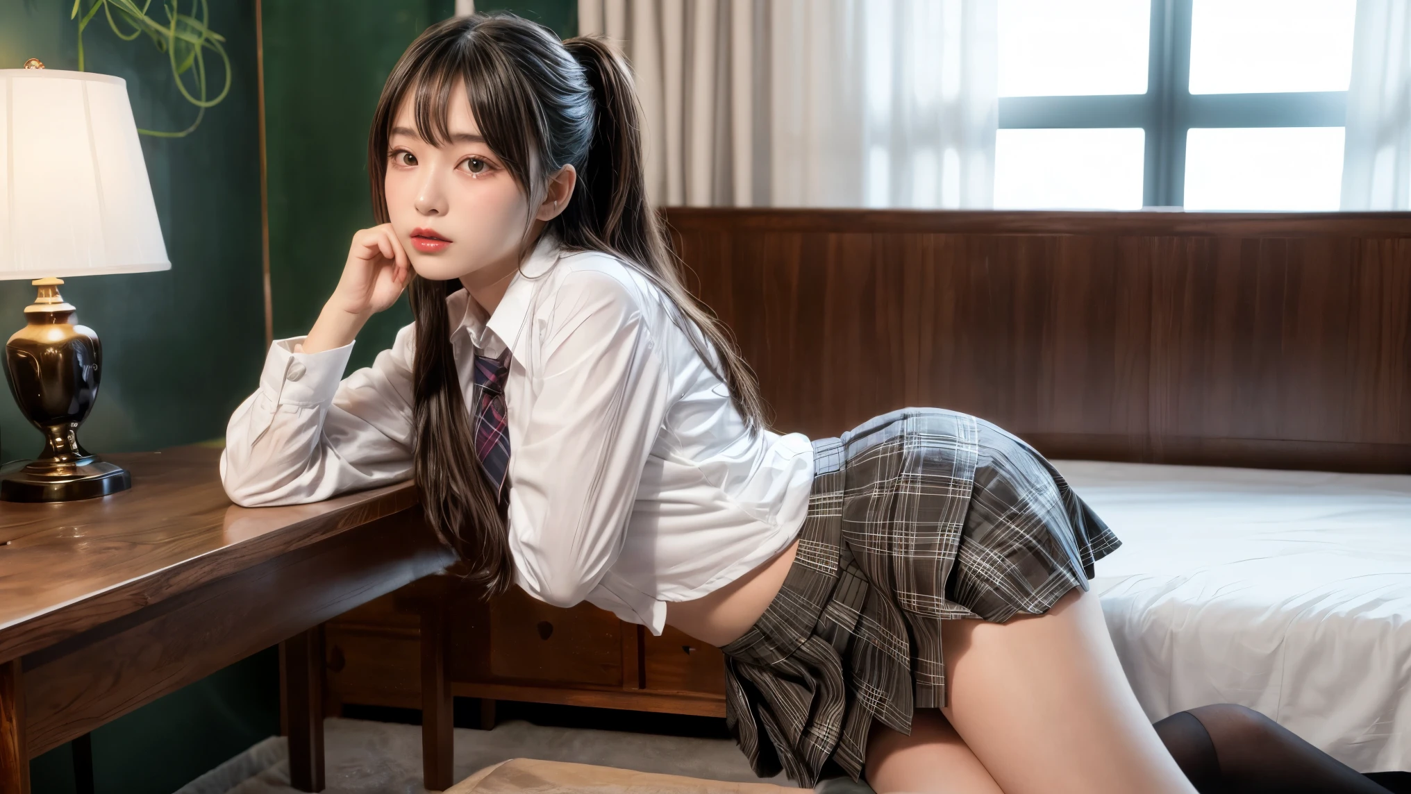 (realistic、Like a photograph、live action、8k, Photoreal, RAW photo, best image quality: 1.4), Single-lens reflex camera、RAW photo, highest quality, realistic, Highly detailed CG Unity 8k wallpaper, Depth of written boundary, cinematic light, Lens flare, ray tracing, realistic background、(Mine series、JIRAIKEI、skirt:1.4、skirtlift:1.37、skirtをたくし上げる、Detailed white panties:1.2、white shirt:1.1、best hip shot、attractive hip line:1.2)、Random hairstyle with pink inner color:1.2、long hair、Stand backwards in the room and look back、stick out your butt、((super dense skin))、 1 female,Cute Japan woman in her 20s、((whole body:1.5)，looking at the viewer:1.1、embarrassed look、i like the style、pay attention to details、perfect costume、(white skin)、accurate portrait、accurate arm、accurate legs、beautiful legs、Precise thighs