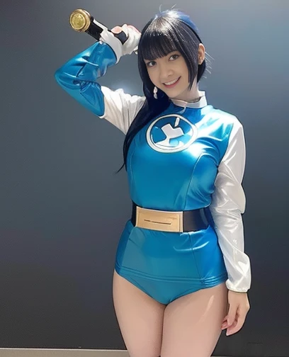 (moefive face、hurricane blue, ninpuu sentai hurricanger outfit, full body blue spandex costume, ultra best quality、8K、masterpiece、delicate illustration、wetting hair、 standing:1.2、full body Esbian:1.1、A beautiful and bewitching Japanese 25-year-old woman、Shocking blue metallic hero suit with a futuristic fit:1.3) 、(very plump body:1.2、ultra gigantic tits:1.4)、smiling at the viewer、Short dark-haired