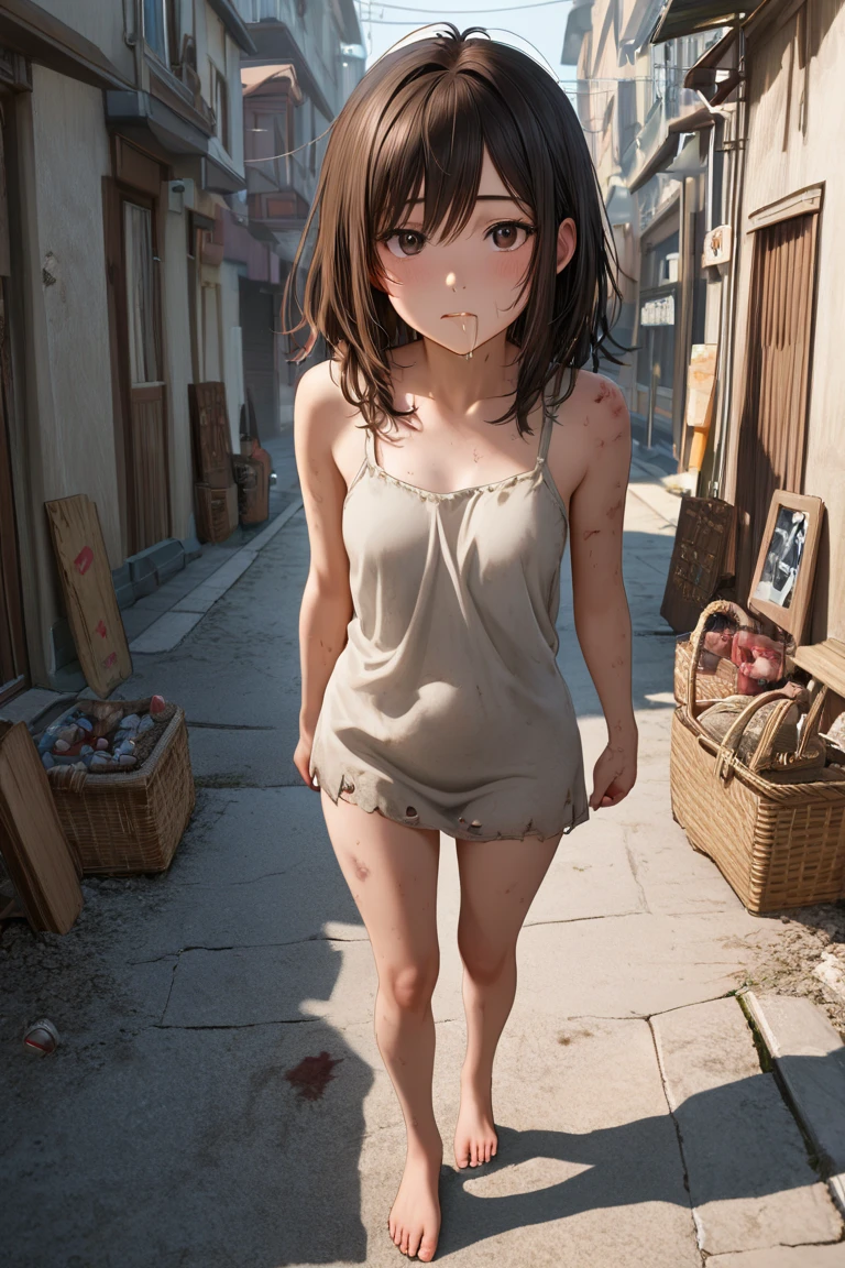 (masterpiece:2.0), (top-quality:2.0), (Naked tiny towel:1.5), (View from the side:1.5), (Perfect exposed shoulders:1.5), (Perfect exposed nape:1.5), (Super Sexy Pose:1.5), (blushed face:1.3), (barechested:1.3), (Realistic:1.5), 1 little girl, Precise little hands, Embarrassed look, Embarrassing face to see me, Open mouth, a very pretty girl, Innocent face, Young Face, Clear eyes, Shining eyes, shoulders can be seen, tiny chest, thigh visible, buttocks visible, No pubic hair, Dynamic Posing, Beautiful skins, ultra-definition, Top resolution, Japan High School Student, Brown hair