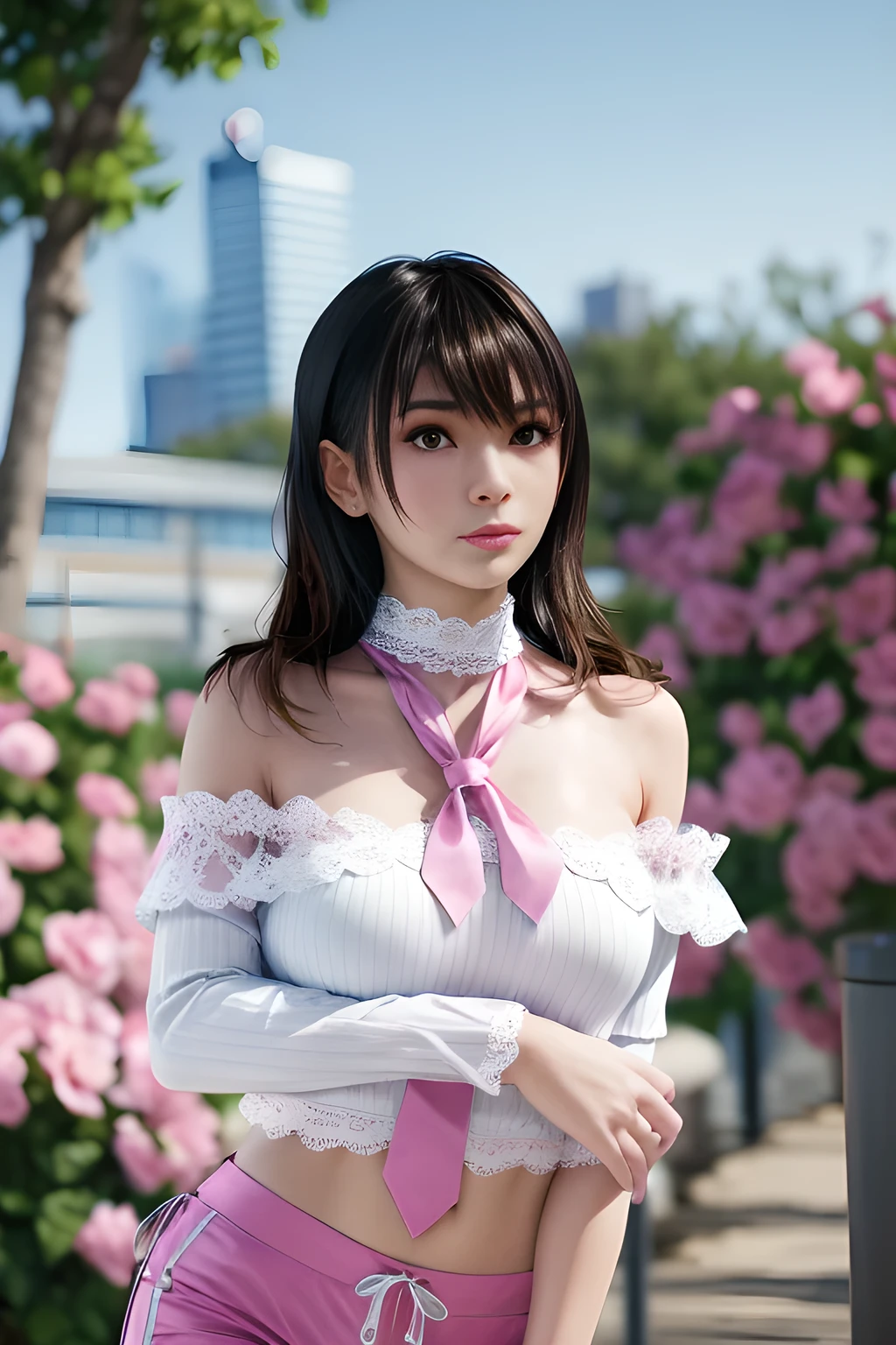 ((((highest quality))))、(((Ultra-precision CG16K wallpaper)))、(((masterpiece)))、(((Super detailed)))、(((Extreme detail)))、((1Mature 29 year old devilish woman:1.6))、((Very beautiful Japanese faces))、((Zuo々Nozomi:1.8))、((Straight one-length short bob hair、blunt bangs:1.3))、(Shiny brown hair:1.3)、Delicately drawn and beautiful face、Brown Eyes、eyeliner、Eyeshadow、High nose、Small nostrils、Small Mouth、Seductive lips、Beautiful breasts、((C cup size breasts))、Cleavage、Beautiful feet、eight-headed body、Perfect proportions、Perfect Anatomy、Perfect composition、Beautiful detailed shading、Beautiful, natural lighting、Beautiful detail glow、Depth of written boundary、(((High chroma)))、(((Real:1.9)))、((vivid:1.5))、((Beautiful Skin))、((Skin Texture))、((Realな皮膚感))、(((Cowboy Shot:1.6)))、((front view、shoot from front、Front low angle:1.6))、(((smile:1.6)))、((The woman is looking at this、looking at viewer:1.6))、Bright daylight、Natural light、(((Mountain trail、Woodland:1.5)))、(A seductive pose to seduce a man:1.6)、(((Pink collared sleeveless blouse&Low rise frill mini skirt clothing:1.6)))、((Flower Headband、necklace、Wearing earrings:1.5))、((Knee-high socks))、