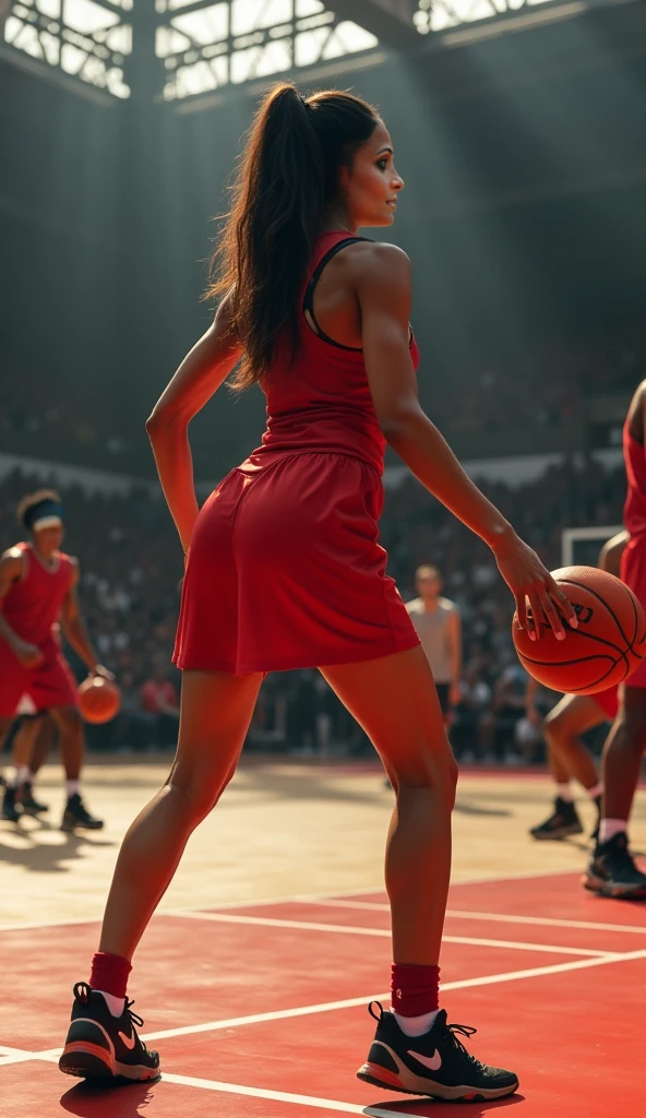 Number 14、The uniform is stylish black.、A lively  girl、Short Hair、Sweat、energy、cool、Real、4Ｋ、Dashing、Back view shooting scene、(Highest quality,8k,High resolution,Masseter muscle area:1.2),Very detailed,Realistic:1.37,Portraiture,Dynamic Angle,(Female Basketball Player) ,Teenage Girl,Small Head,cute,sporty,Attractive face,Detailed beauty face,非常にRealな肌,Wet Skin,Tight waist,Beautiful legs ,sporty,Basketball venue　,Cinema Lighting,