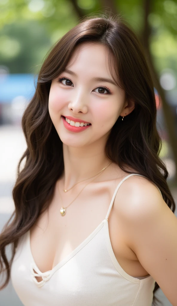 An innocently enjoying face。Laugh with your mouth wide open。Close your eyes completely。Droopy eyes。Deep pink blush。She has shoulder-length, wavy brown hair pulled back in a loose ponytail.
