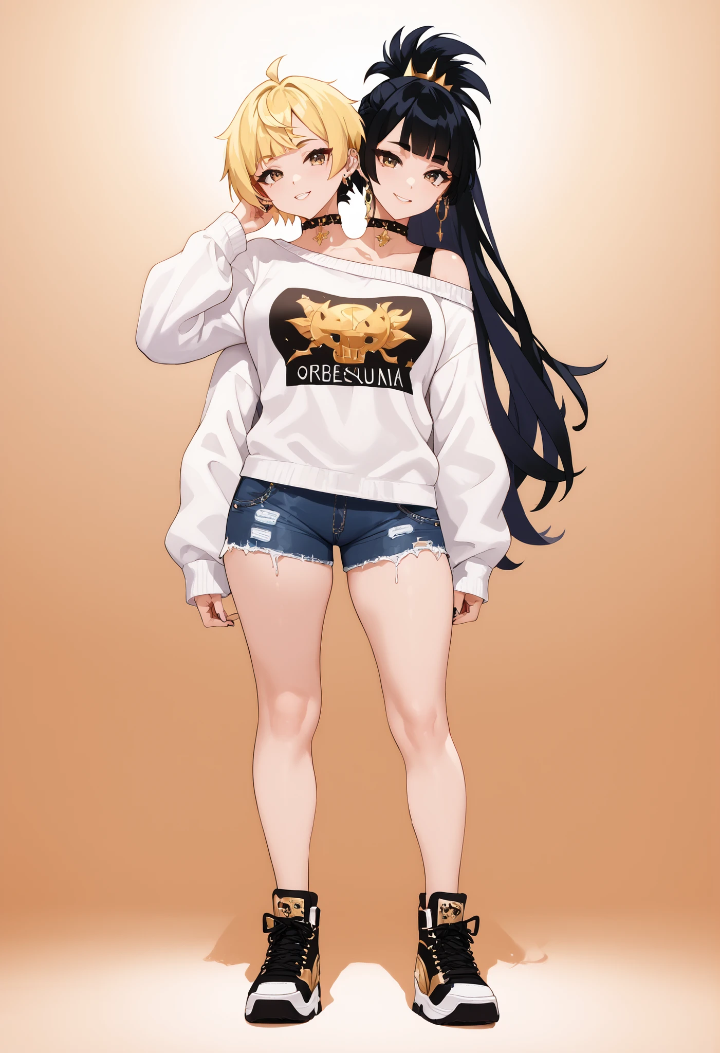 best resolution, anime woman with two heads, gold eyes, different hair colors,blonde hair, black hair, different hair-lengths, pixie hair, long hair, different hairstyles, spiky hair, straight hair, hair down, oversized white sweater, baggy sleeves, one shoulder bare, denim shorts,oversized rubber shoes chokers, four arms