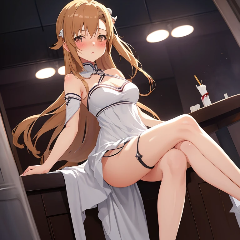 anime, highly detailed face, smooth eyes, highly detailed background, perfect lighting, full body, 1girl, solo, Asuna Yuuki, asuna, indoors, black heels, black thighhighs, light brown hair, bedroom, absurdres, high res, ultrasharp, 8K, masterpiece, looking at viewer (sexy pose:1.2), black thighhighs, brown eyes, very long hair, (full body:1.5), ?????, nsfw, ?????, ?????, teasing, no bra, no underwear, ?????, nude, wet , ??????, oh_face, both hands holding breasts, squeezing breasts, breasts squeeze, bent over forward with hands on boobs, leaning forward and holding breasts, bending over
