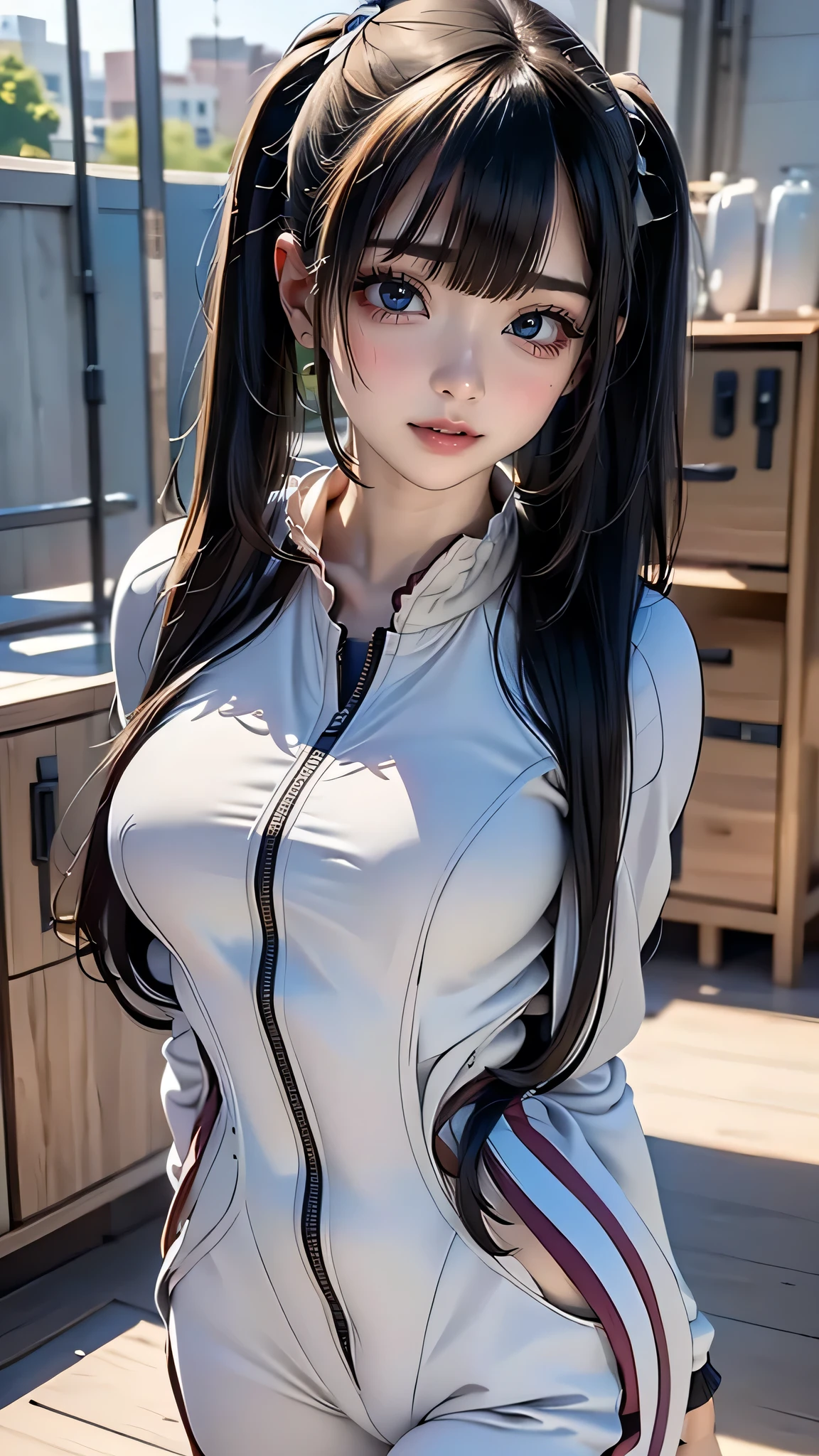 (masterpiece:1.3, top-quality, ultra high res, ultra detailed), (realistic, photorealistic:1.3), beautiful illustration, perfect lighting, natural lighting, colorful, depth of fields, 2025s, nsfw, 
beautiful detailed hair, beautiful detailed face, beautiful detailed eyes, (perfect anatomy, anatomically correct, super detailed skin), white skin, shiny skin, 
looking at viewer, (face focus, upper body), 1 girl,  girl, cute and symmetrical face, perfect face, perfect eyes, perfect body, babe, cute face:1.2, tiny, 
(long hair, topknot, straight hair, long sidelocks, dark brown hair), parted bangs, gold eyes, big eyes, long eye lasher, (large breasts, seductive thighs), slender, 
(detailed cloth texture), break (track suit:1.5), break 
(beautiful scenery), summer, evening, (locker room), standing, (pose with movement), (lovely smile, open mouth), 