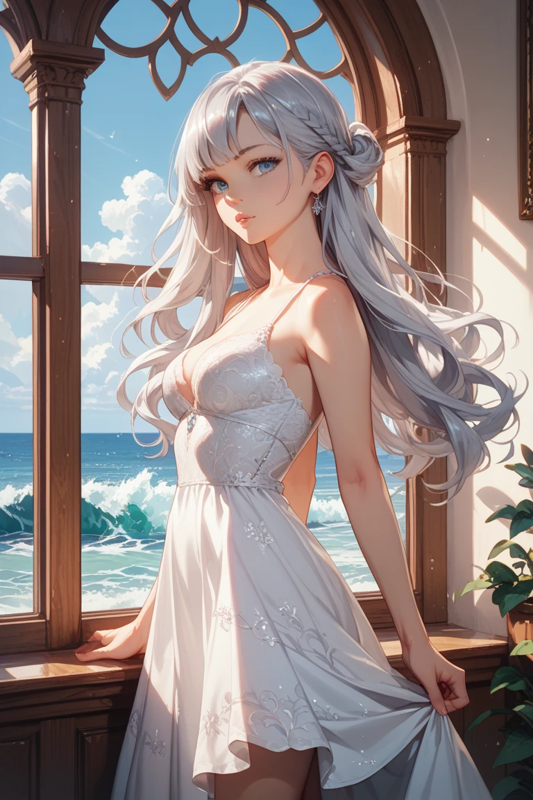 (Masterpiece:1.2, high quality), (pixiv:1.4), (1girl:1.2), (solo:1.2), (smooth:0.8), beautiful woman, (mature), pale white skin, red cheek, blush, (smile:1.2), silver hair, side fringes, bangs, wavy hair, (strand braids), hair clips, hair over eyes, green eyes, (detailed eyes), symmetrical eyes, black eyeshadow, glossy lips, pale pink lips, parted lips, symmetric face, round earrings, (looking away), mole on chin, plunging neckline, pendant, black transparent dress, flowery dress, slit dress, shoulder straps, collarbone, neckline, luxurious, slender arms, (beautiful round breasts:1.2), detailed cleavage, slim waist, professional photography, best quality, (absurdres:1.2), ultra-detailed, ultra HD, 1080, 4k, 8k, intrinsic details, shiny blue sky, aesthetic outdoors,  sky background, sea side, bridge, view from below, (pov thighs), wind blowing hair, vivid colors, dynamic lighting, (detailed face), blurry background, highly focused face
