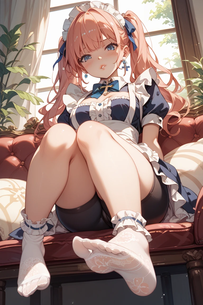 score_9, score_8_up, score_7_up, source_anime, Idealized Forms, Natural Light, details background, blurry background, extremely detailed, anime anime girl laying in a cardboard box with bow and dress, 1girl, solo,yuzu(blue archive),long hair, forehead, apron, bow,(yellow) halo, red hair, short sleeves, cardboard box, blush, shirt, box, blue eyes, maid, white shirt, puffy sleeves, hair bow, frills, closed mouth, maid, maid headdress, very long hair, forehead, dress, puffy sleeves, alternate costume, white apron, black footwear, holding, ponytail, shoe