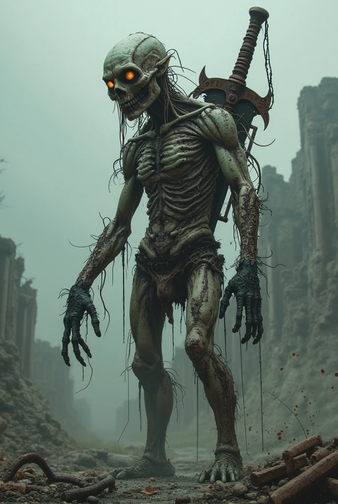 A dead man with some parts root in his body like a zombie inside a rusty and abandoned helicopter, the deceased has a bite on his neck.