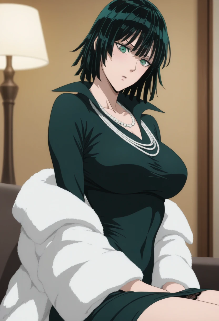 The character Fabuki from the anime series "one punch man" lying down. young woman with a curvy figure, chin-length, dark green hair with a fringe styled into a bob, and her eyes are light green. long white fur coat, a dark green form-fitting V-neck dress with a high collar, thigh-high heeled black boots