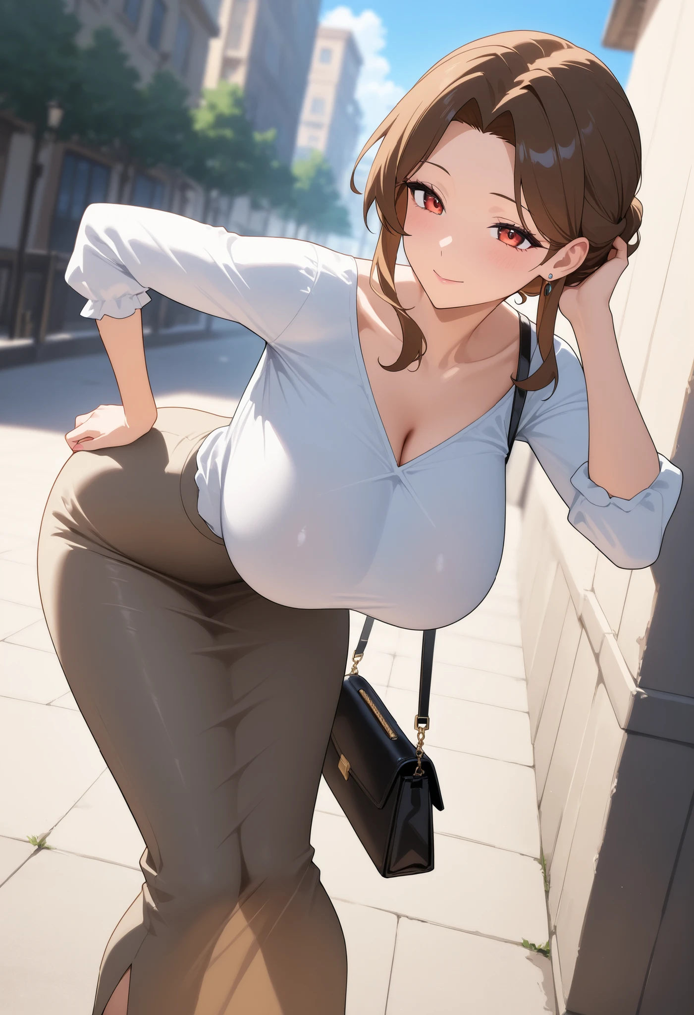 nsfw,masterpiece,Highest Quality, LATEST ANIME , Beautiful Mature Women ,safe、(angle from behind:1.2)、tight long skirt that accentuates the lines of the pants、Bent Over、Big Breasts、outdoor、handbag、