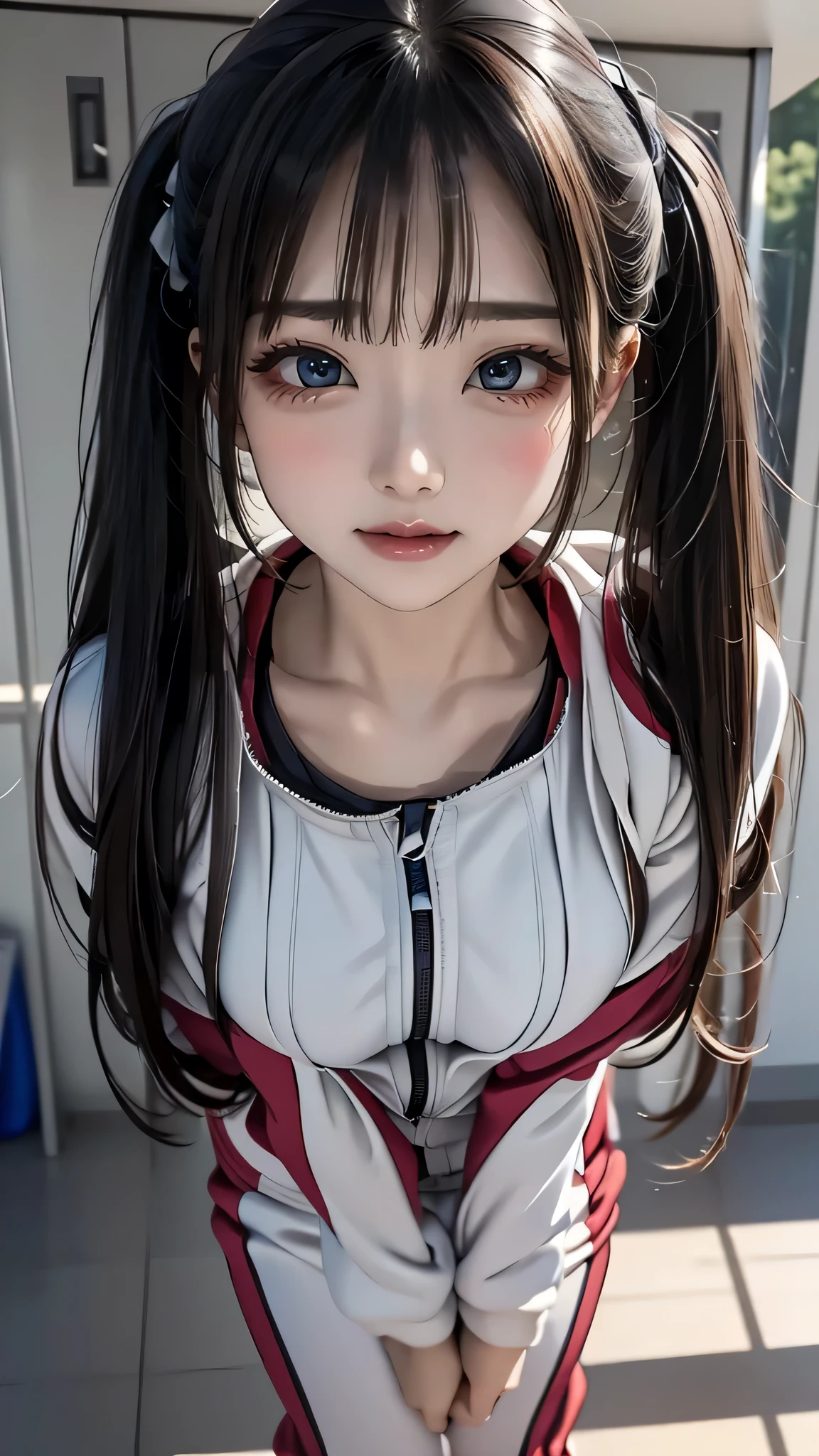 (masterpiece:1.3, top-quality, ultra high res, ultra detailed), (realistic, photorealistic:1.3), beautiful illustration, perfect lighting, natural lighting, colorful, depth of fields, 2025s, nsfw,
beautiful detailed hair, beautiful detailed face, beautiful detailed eyes, (perfect anatomy, anatomically correct, super detailed skin), white skin, shiny skin,
looking at viewer, (face focus, upper body), 1 girl, girl, cute and symmetrical face, perfect face, perfect eyes, perfect body, babe, cute face:1.2, tiny,
(long hair, topknot, straight hair, long sidelocks, dark brown hair), parted bangs, gold eyes, big eyes, long eye lasher, (large breasts, seductive thighs), slender,
(detailed cloth texture), break (track suit:1.5), break
(beautiful scenery), summer, evening, (locker room), standing, (pose with movement), (lovely smile, open mouth),