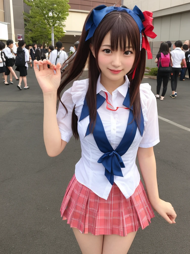 big breasts、big breasts、big breasts、high angle shot、center view、Standing in the neon city at midnight、Asian woman in arafe in short skirt and bow tie、Extremely cute high school girl、japanese girl uniform、summer clothes、Wearing Japanese 、japanese 、surreal 、Dressed as a high school girl、surreal 、wearing a uniform、girl in uniform、wearing a uniform、 stop temporarily、Full body Esbian、nice skin、glowing skin、nice thighs、Shining thighs、shining legs、black high socks above the knee、Japanese high school 、Nogizaka Idol、korean idol、please invite me inside、Eyes that invite