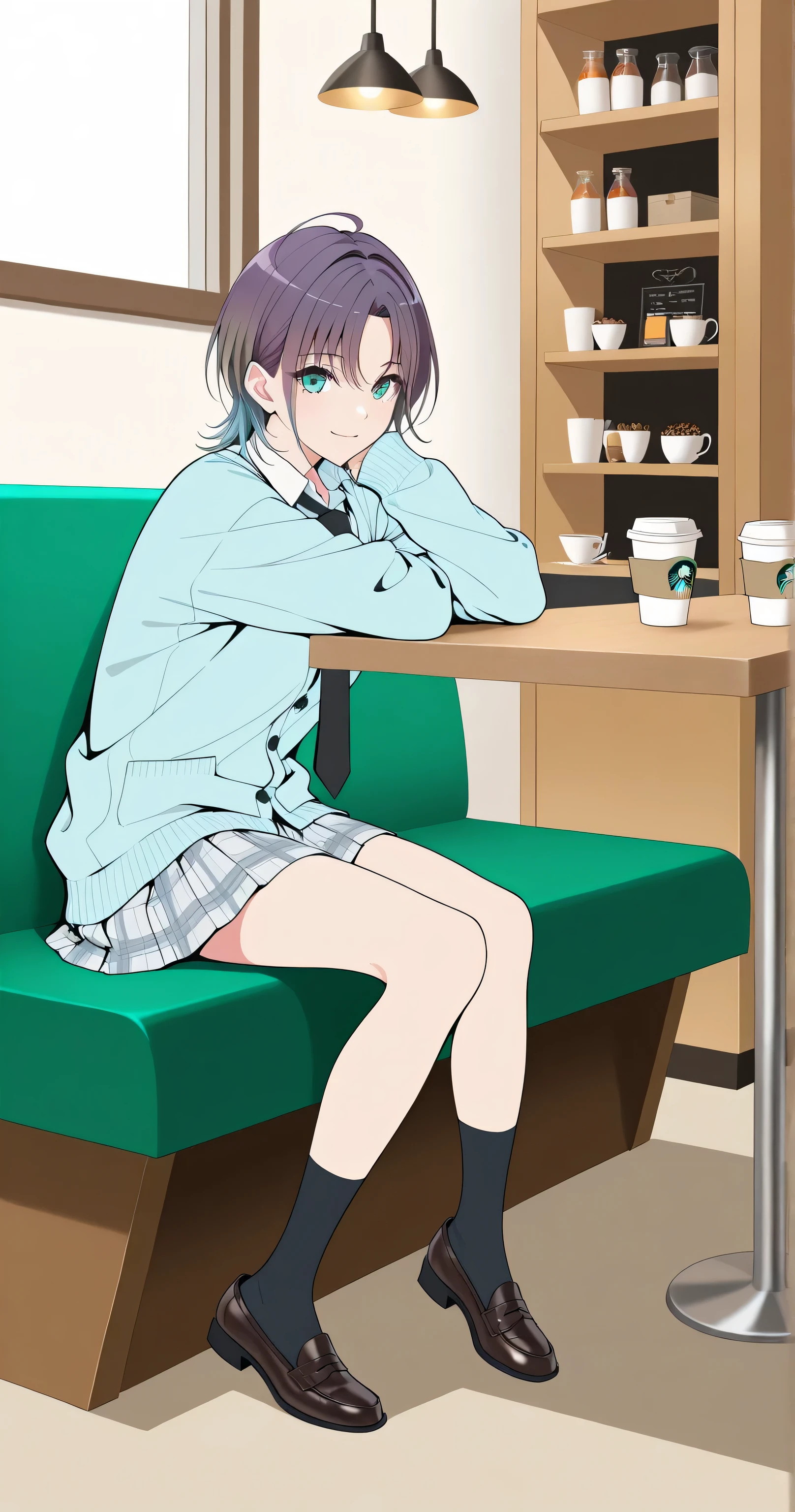 2Danime-style, Cell-shaded style, (flat color:1.3), Toru Asakura, t_asakura, full body shot, sitting pose, sitting at a table in a cafe, (box seat or counter:1.2), drinking tea with a Starbucks-style cup, light smile, Looking at viewer, flawless porcelain-like skin, dewy radiance, cinematic lighting, sharp focus, clear lines, crisp outlines, dynamic clean line art, fine contour lines, harmonized colors, vibrant colors (1.5), ultra-detailed, detailed aqua eyes, intricate irises, beautiful eyes, ultra-detailed eye contours, short choppy messy pixie cut purple hair, parted bangs, gradient hair, blue hair, multicolored hair, ahoge, glossy highlights, silky smooth hair, delicate strands, slightly messy hair (1.1), white shirt, black necktie, white-gray plaid pleated skirt, fine check pattern, two thin horizontal stripes near the hem of the skirt, black loafers, black ankle socks, school uniform, soft light blue cardigan, cafe interior, soft light shining in, antique tables and chairs, houseplants, hanging L lights, cafe supplies, shelves with coffee beans, simple background, highly detailed, flawless skin