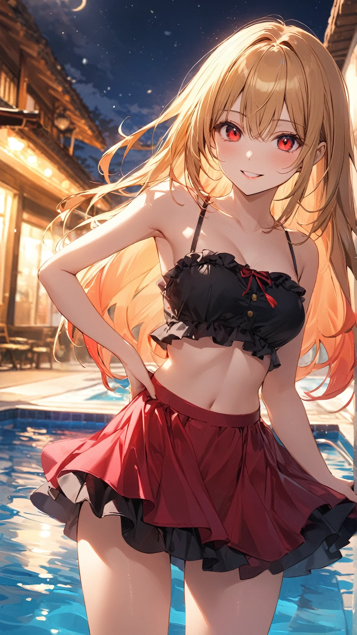 best quality,ultra-detailed,high resolution,extremely detailed CG,perfect anatomy,detailed,cinematic lighting,beautiful detailed eyes,ultra high res,(1girl:1.5),(1:1.4),gleaming skin,oil skin,skindantation,sweat,humid,clothed,(sweat:1.2),nose blush,cowboy shot,Glowing Skin,Beautiful Hair,looking at viewer,Smile,ereshkigal, ereshkigal \(fate\), long hair, blonde hair, very long hair, two side up, tiara, (red eyes:1.3), ribbon, hair ribbon, red ribbon, (parted bangs:1.5),(Random Swimwear:1.1),large breasts,belly button,