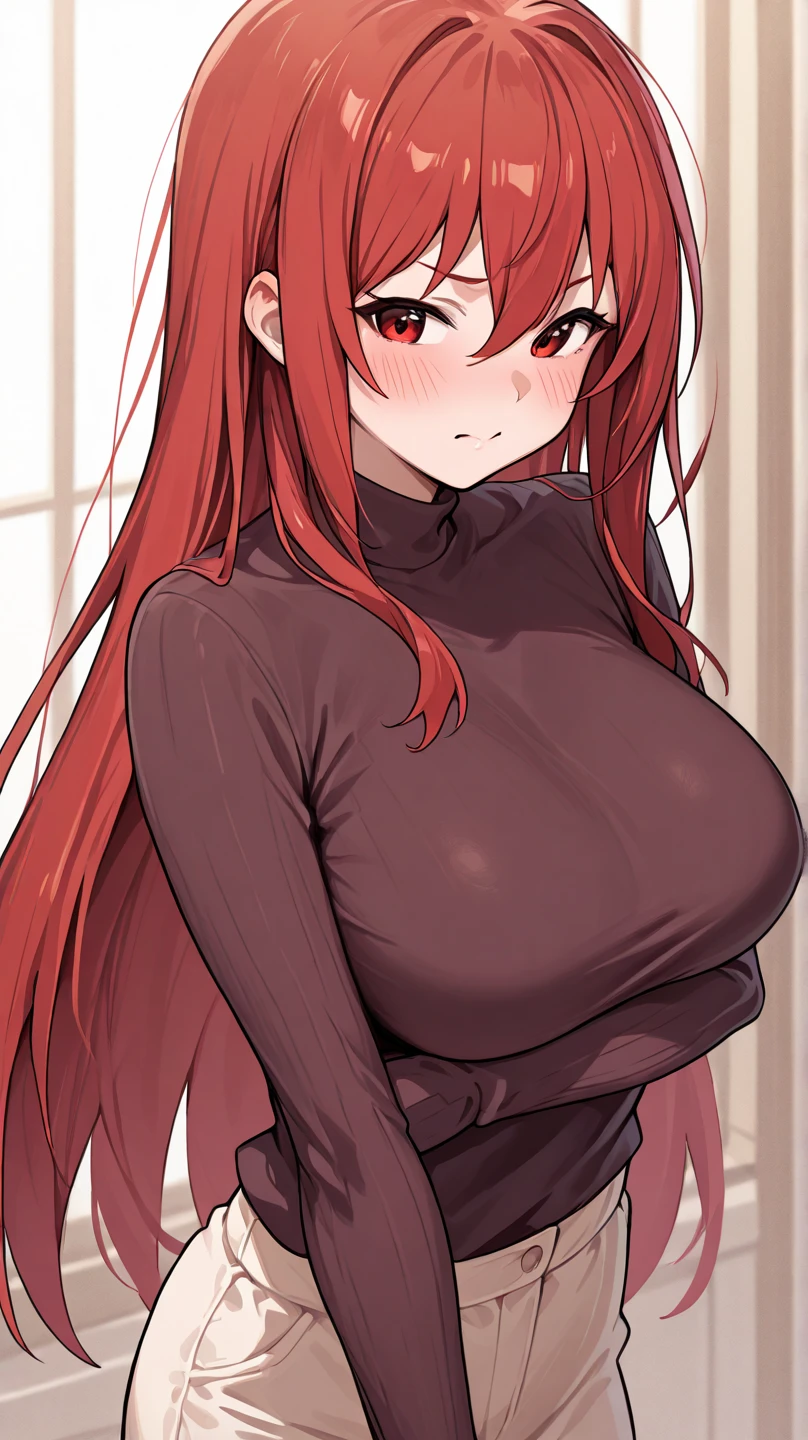 girl, with giant breasts, Red hair, wide, crimson eyes, black dress