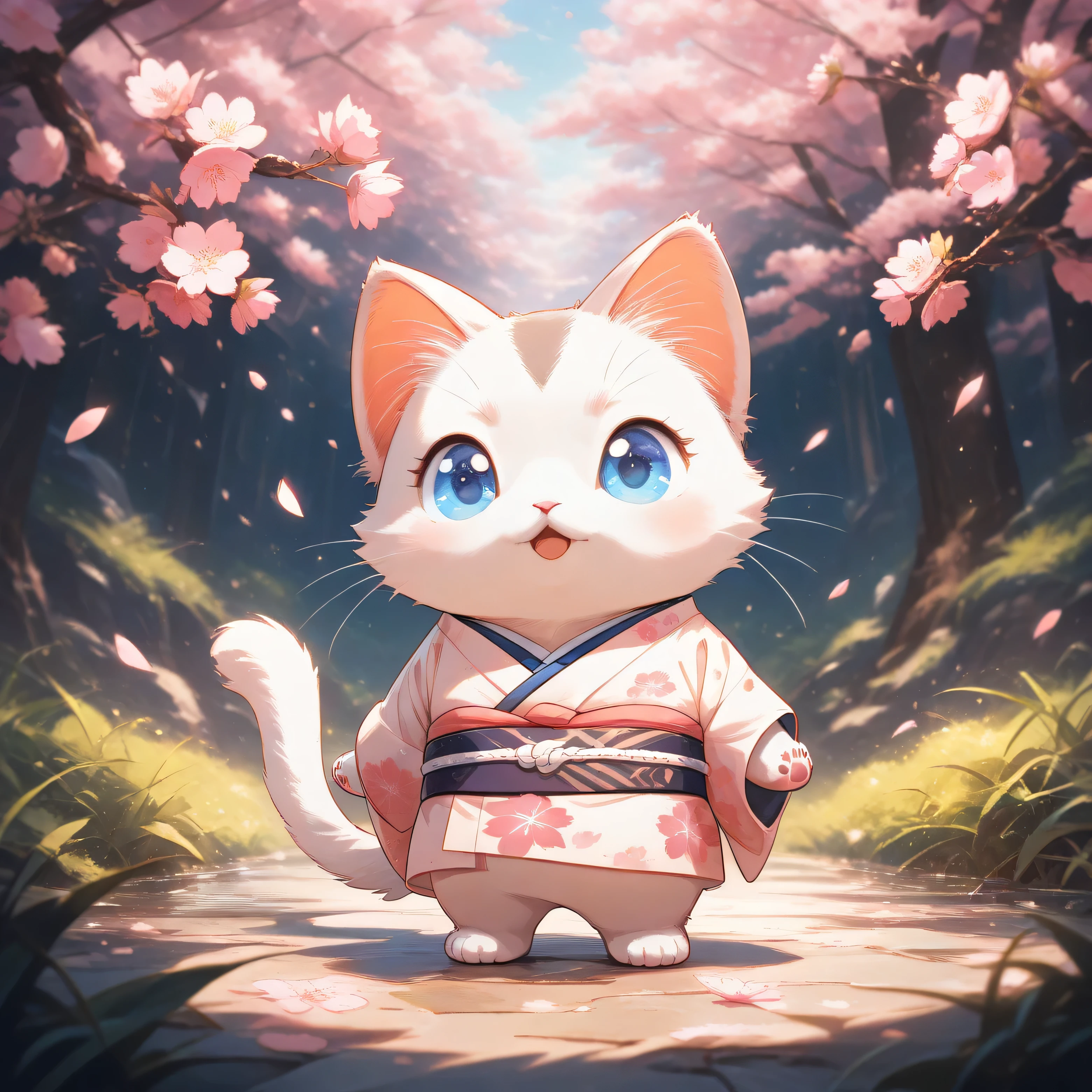 (masterpiece, best quality, ultra-detailed), a cute stylized ragdoll cat standing, rounded face, big gentle blue eyes, semi-long soft cream fur with darker points on the ears, face, paws and tail, wearing a traditional Japanese kimono with subtle floral patterns. Standing calmly in a spring scene with detailed blooming cherry blossom trees. Soft anime style, warm spring light, gentle atmosphere, friendly and intelligent expression. full body, 1:1 aspect ratio