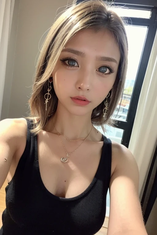 ((night, Realistic Light, highest quality, 8k, masterpiece: 1.3)), One girl, Slim Beauty: 1.4, Abdominal muscles: 1.1, (Brown Hair, Medium chest: 1.3), Red strapless tube top long sweater: 1.1, Bathroom, Super Fine Face, Delicate eyes, double eyelid, smile, necklace,Above the knee shot,