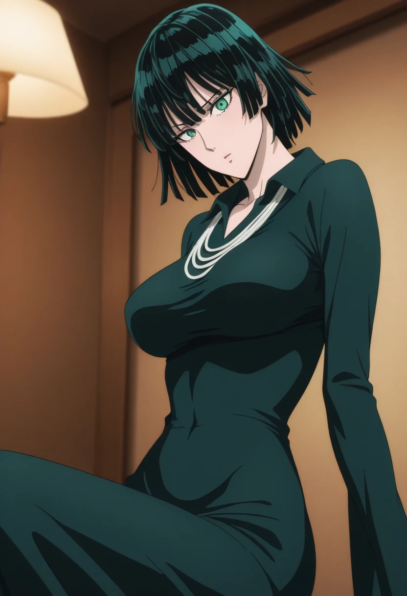 арт-стиль One Punch Man, Art style of Yusuke Murata,((absolutely white background)),Fubuki from one punch man, Green eyes, short dark green hair,( in a black bodysuit) , Sitting, mature face, blushing, happy expression, dynamic pose, big breasts, big hips, full body view, big body, Fat body,, Very tight clothes 