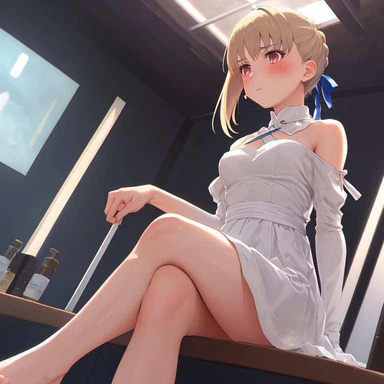 A Female robot wears white plain dress. She is laughing happily in bed room, spread legs, nude, banzai pose, Brown short hair is tied with two big red clothespins, She lifts up the under hem of her white plain dress, leaning over, masterpiece, very short pigtails,brown hair, mature, android, blue eyes, full body figure, Height: 160cm, flushed cheeks, 2020s anime picture, she is loved in missionary angle, A beautiful robot with short brown hair in two short pigtails held up by two very large huge red clothespins, Uplifting, No NSFW, whole body, barefoot, archaic smile, getting orgasm, 25 years old, sweat bucket, She is half sitting posture or crouching position.