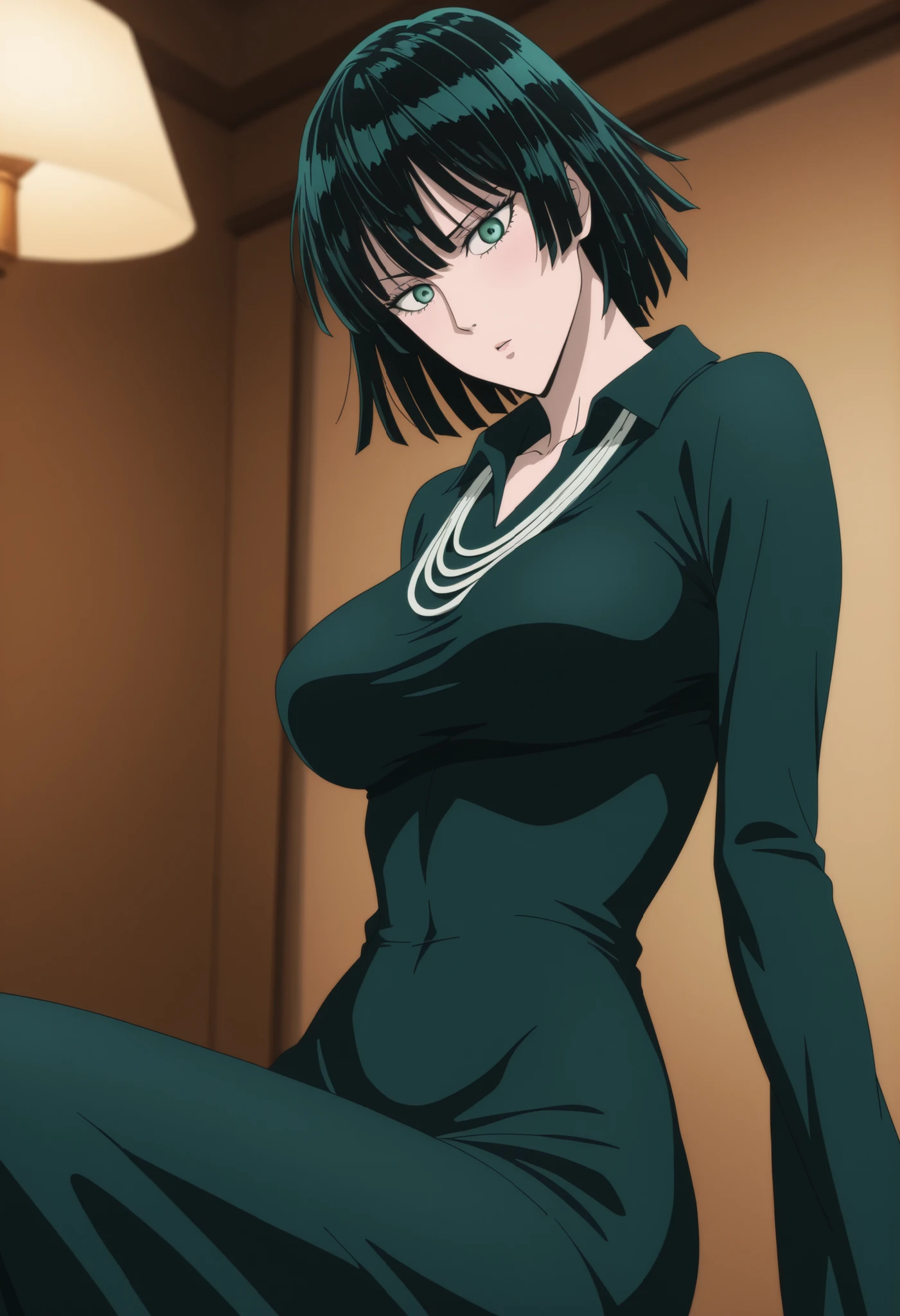 masterpiece , , absurdres , highres , detailed background , high resolution , masterpiece , necessary , detail , best quality , quality , necessary , details , High details , Precise , indoors, evening, lamp dark theme , low light ,from side, solo,
1girl, , anime style, anime coloring, one-punch man style, anime screencap, ,(head tilt), sitting, ,
girl, fubuki, fubuki (one-punch man), black hair, green eyes, short hair, mature female, medium breasts, ,black dress, dress, turtle neck dress, , jewelry, necklace, lace panties, looking down ,, light embarrassed, (aged up:1.5), ,