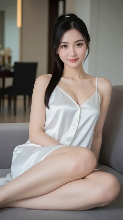 1 girl,Smile,whole body,long legs,Slim Faces,sexy woman,white sexy dress,Lying on the hotel sofa,double eyelids,Detailed face,long hair,(super high quality,8k)blurred background