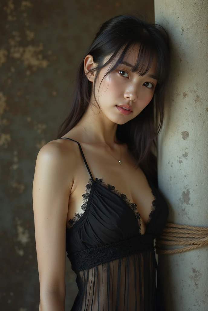 (From a straight above, bird's-eye perspective), 1girl, Realistic Chinese pretty teenage girl,12-years old, (black colour, sleeveless, low cut, lace) silk nightdress, erotic, small breast, knelt on the floor, eye gazing up to the camera, with sweat on body, sweat on breasts,wet body,wet chest,wet breasts, waiting for punishment, from above, beside the window