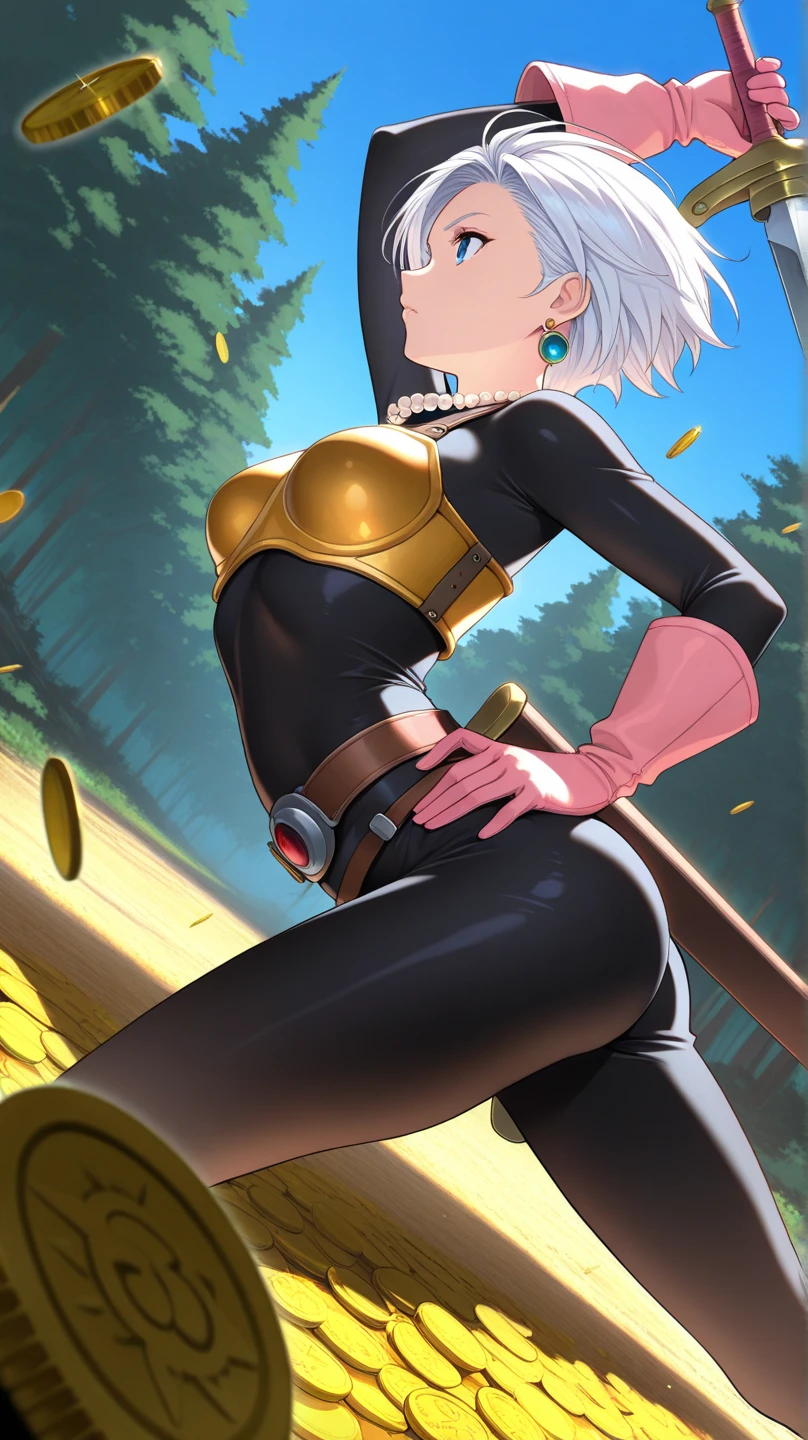 (masterpiece, best quality:1.1), thief (dq3), 1girl, solo, short hair, white hair, blue eyes, blush, medium breasts, pink gloves, jewelry, pearl necklace, earrings, belt, sword, yellow breastplate, black bodysuit, bag, (coin, sword on hip:1.2), (blue skies, nature:1.2) turned around, bent over, presenting ass, cameltoe, grabbing ass, spread buttcheeks, through clothes, butt plug in ass,