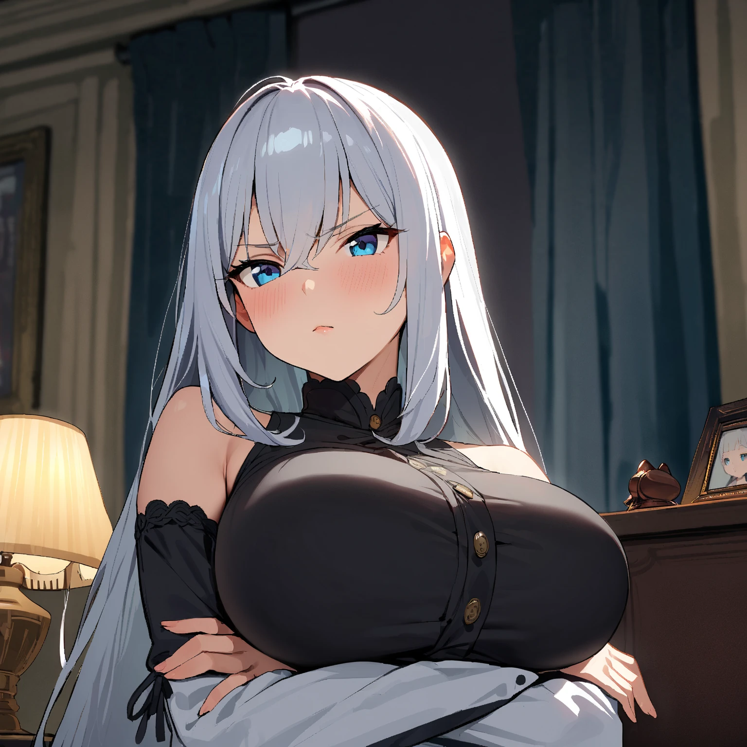 Masterpiece, top quality, best quality, official art, beautiful and aesthetic, anime, 1girl,extremely detailed, colorful, more detailed ((ultra-detailed)), (highly detailed CG illustration),Best Quality, High resolution, Unity 8k Wallpaper, (Illustration:0.8), (Beautiful detailed eyes:1.6), extra detailed face, Perfect Lighting, extremely details CG, (Perfect hands, Perfect Anatomy), church, benches, icons, candles, dark light, crosses, 1girl, 30 years, long white hair, church robe, showing bra,medium breast, lace bra, upper body, in middle,looking on viewer, from above.