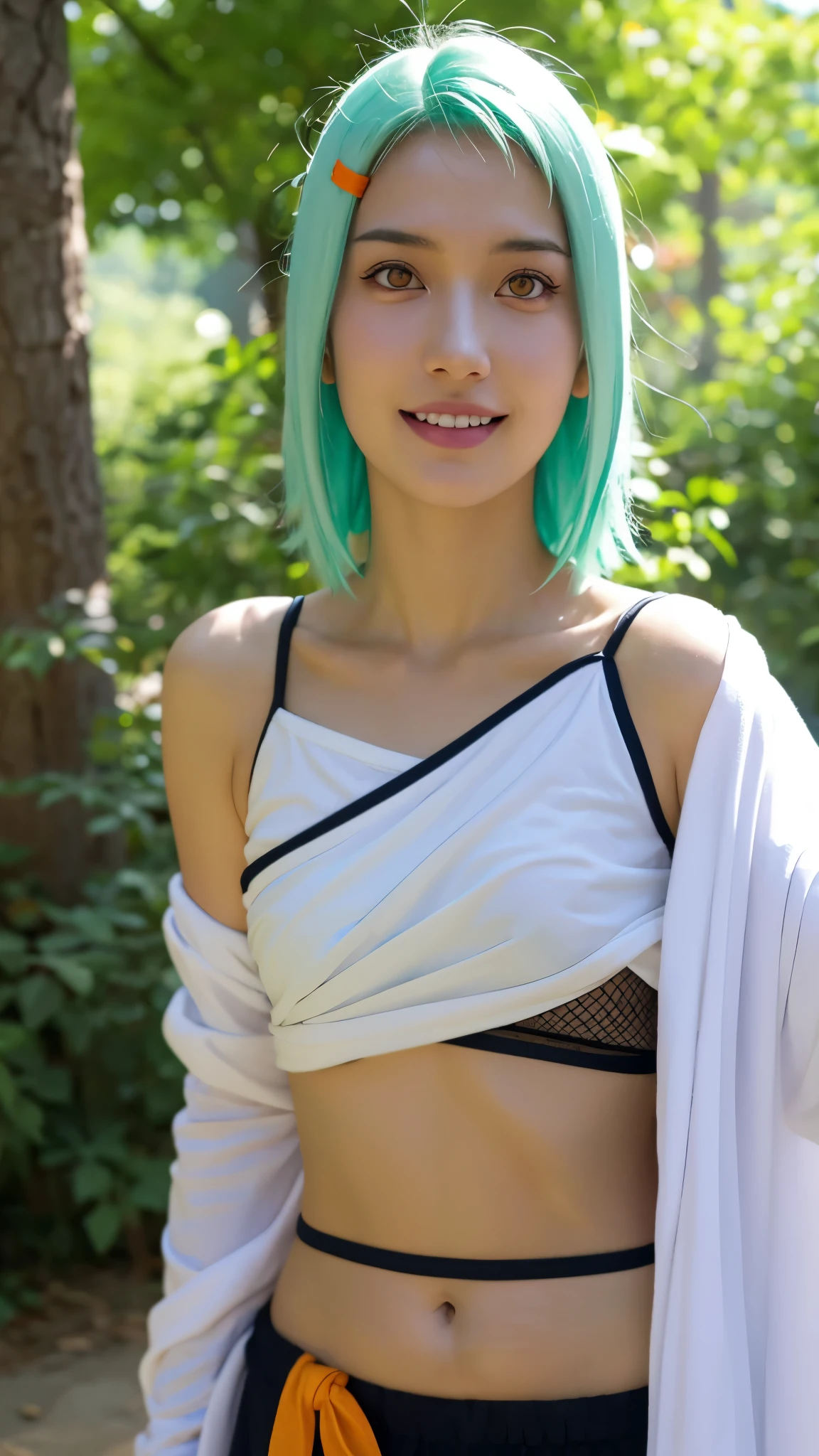 "A hyper-realistic portrait of Fu, the Seven-Tails Jinchuriki from Naruto Shippuden, imagined as if she existed in the real world. She has vibrant mint-green hair styled in a playful and unique way, golden-orange eyes full of energy, and a warm, charming smile. Her skin is smooth and healthy, with a youthful glow. She wears a modernized version of her ninja outfit with realistic textures—green mesh top, black shorts, and orange sash—enhanced with detailed stitching and tactical gear. The background features a soft natural forest scene, subtly glowing with chakra energy. Ultra-detailed facial features, cinematic lighting, 8K resolution, photorealism, perfect symmetry, realistic shadows, soft depth of field, expressive and lifelike."