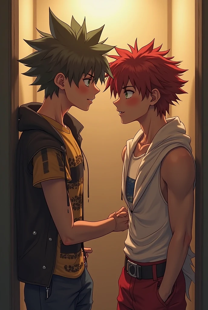 ((best quality)), ((masterpiece)), (detailed), perfect face fight between boy with short pink hair, wearing no shirt, pink pants, contra de cabelo preto curto wearing no shirt bermuda preta de tênis verão anime manga jojo pose