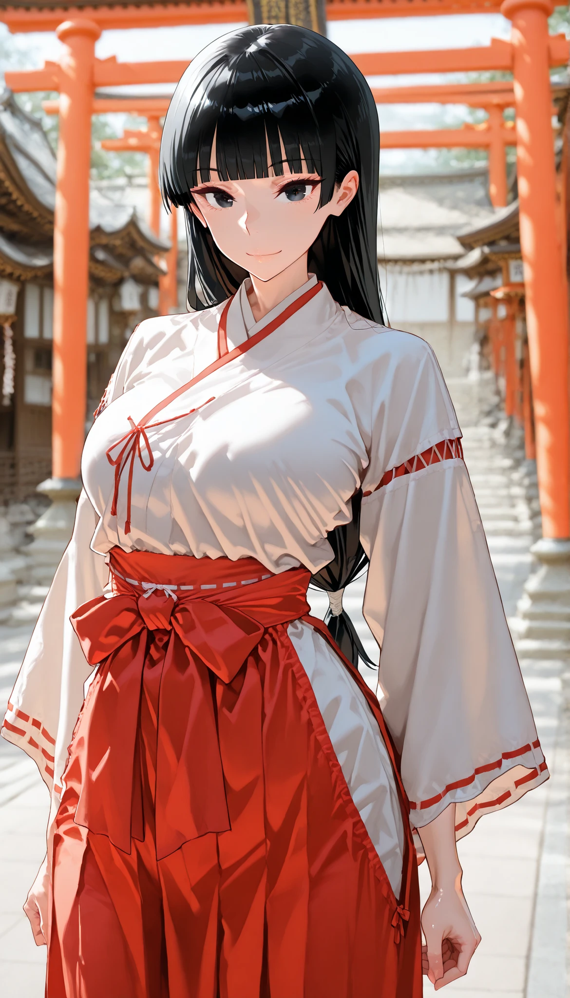 A female,Solo,Wearing A Shrine maiden Miko Outfit(Long sleeves),Shiny skin,(Black hair,himi cut,blunt bangs,straight hair,High-tied long hair),Black eyes,In the Jinja,Stand in front of the torii,light smile,Slim body,UHD, SOLO, anatomically correct, masterpiece, textured skin, high details, highres, 1080P, 16k, accurate,Cowboy Shot,(look at the viewers)