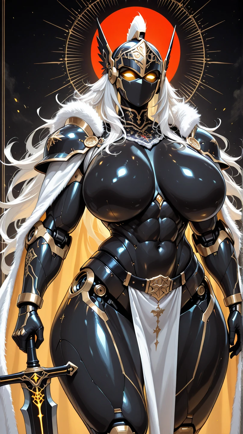(masterpiece, best quality, high resolution, ((full body, standing,))((huge breasts )) woman, an Asian magical fantasy warrior, golden full body magical warrior costume, fur cape, huge golden katana in her hands,, very long black and white hair, evil smile,,((dark skin)), ((full body))
