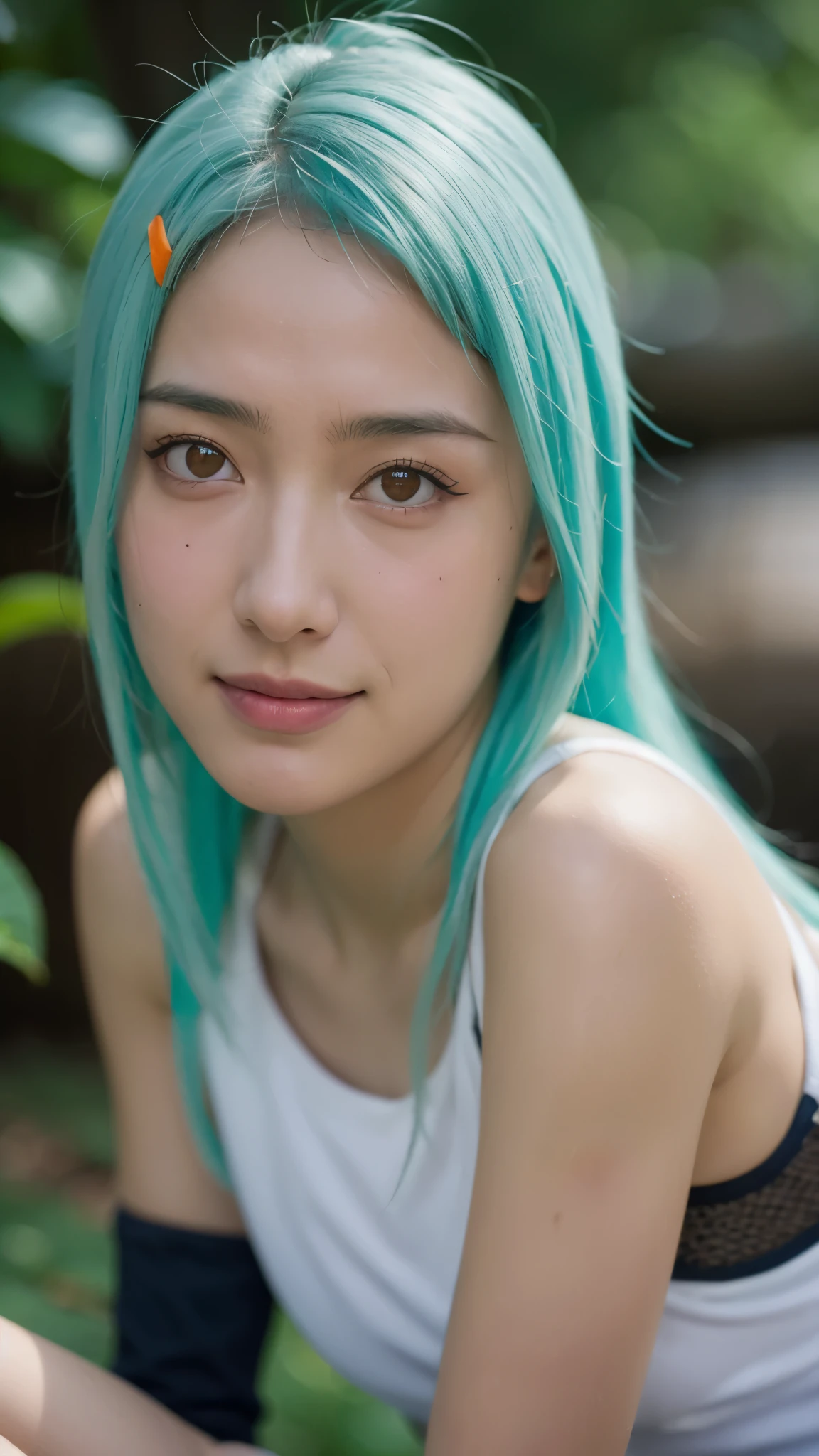 "A hyper-realistic portrait of Fu, the Seven-Tails Jinchuriki from Naruto Shippuden, imagined as if she existed in the real world. She has vibrant mint-green hair styled in a playful and unique way, golden-orange eyes full of energy, and a warm, charming smile. Her skin is smooth and healthy, with a youthful glow. She wears a modernized version of her ninja outfit with realistic textures—green mesh top, black shorts, and orange sash—enhanced with detailed stitching and tactical gear. The background features a soft natural forest scene, subtly glowing with chakra energy. Ultra-detailed facial features, cinematic lighting, 8K resolution, photorealism, perfect symmetry, realistic shadows, soft depth of field, expressive and lifelike."