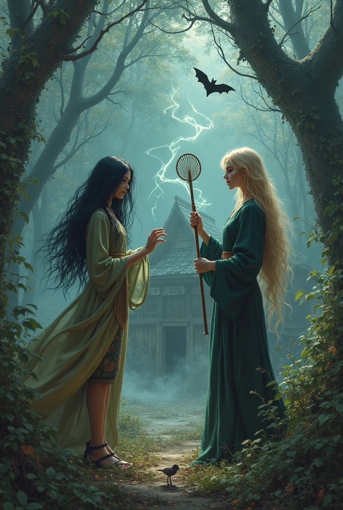 a witch casts a spell on a man and transforms him into a sexy naked woman. She has a shocked look on her face. Before and after image