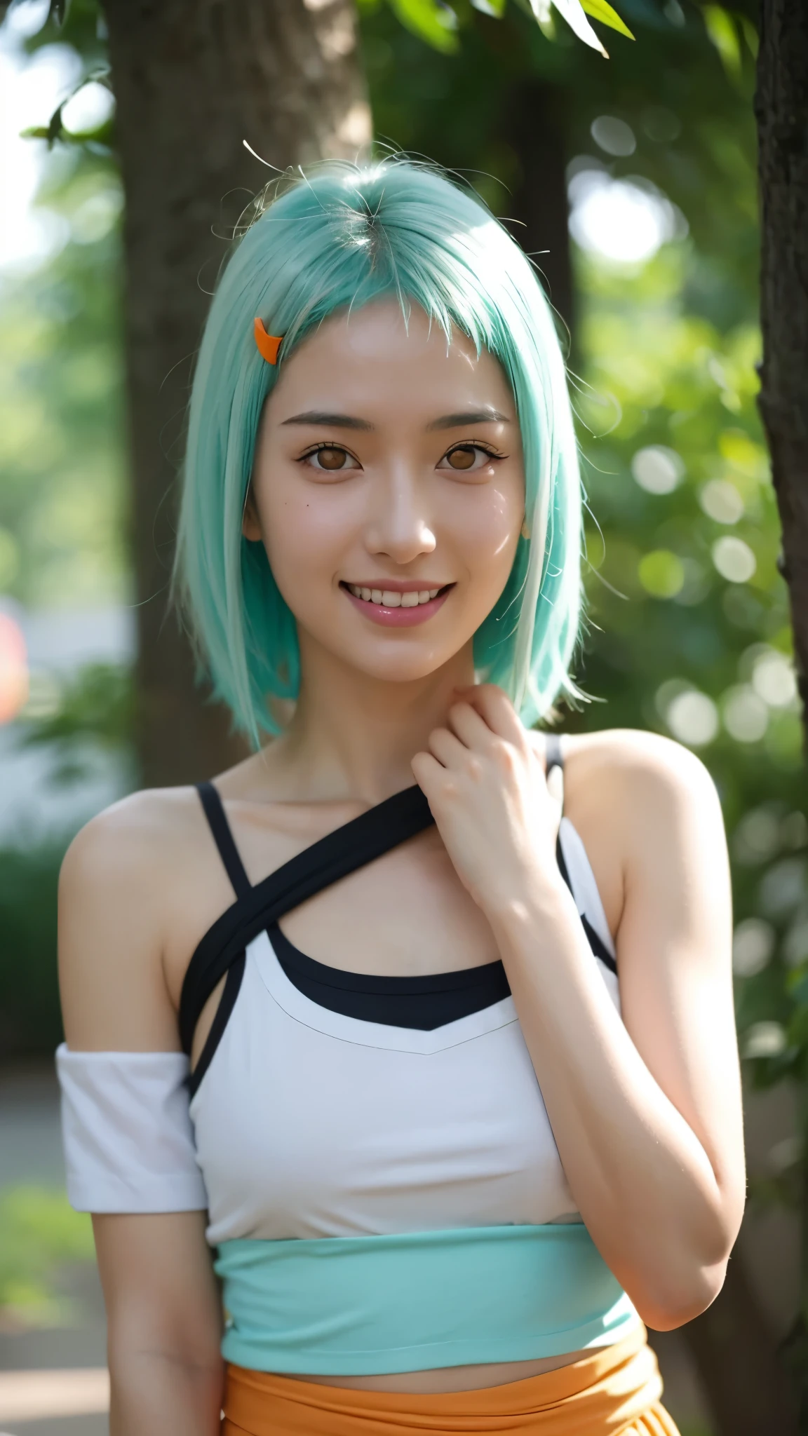 "A hyper-realistic portrait of Fu, the Seven-Tails Jinchuriki from Naruto Shippuden, imagined as if she existed in the real world. She has vibrant mint-green hair styled in a playful and unique way, golden-orange eyes full of energy, and a warm, charming smile. Her skin is smooth and healthy, with a youthful glow. She wears a modernized version of her ninja outfit with realistic textures—green mesh top, black shorts, and orange sash—enhanced with detailed stitching and tactical gear. The background features a soft natural forest scene, subtly glowing with chakra energy. Ultra-detailed facial features, cinematic lighting, 8K resolution, photorealism, perfect symmetry, realistic shadows, soft depth of field, expressive and lifelike."
