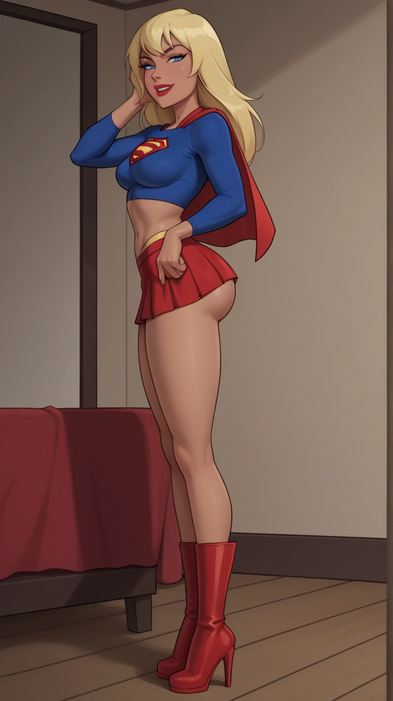 (full body), (masterpiece:1.2), (Highest_quality:1.2), (Ultra_detailed:1.3), 8K,Low - Angle,From below,1 Girl,alone,大きなButtの女の子, red knee high long boots,wearing spcc costume with cape,( Supergirl), Blue leotard,Red mini skirt,Red Cape,gloves,hoshino-ponytail,hoshino \(blue archive\), heterochromia,medium hair,ponytail,pink hair,ahoge,Halation,Browsing Caution,Heart-shaped pupils,orgasm, Butt,Sweat,(urination),Public toilets,