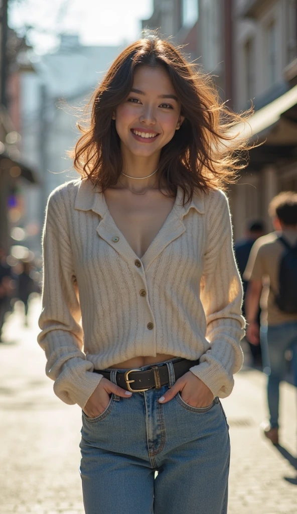 Taylor Marie Hill wearing fall clothes with great cleavage and smiling