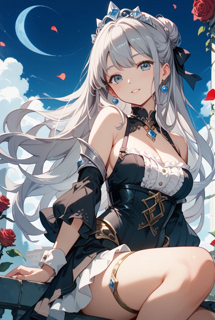 1girl, bare shoulders, bird, black pantyhose, blue eyes, blue sky, box, chocolate, cleavage, closed mouth, cloud, cross, day, detached collar, detached sleeves, dress, earrings, food, holding, jewelry, large breasts, long hair, long sleeves, looking at viewer, outdoors, pantyhose, sitting, sky, smile, solo, sun, white dress, white hair, wings, yorktown ii \(azur lane\)