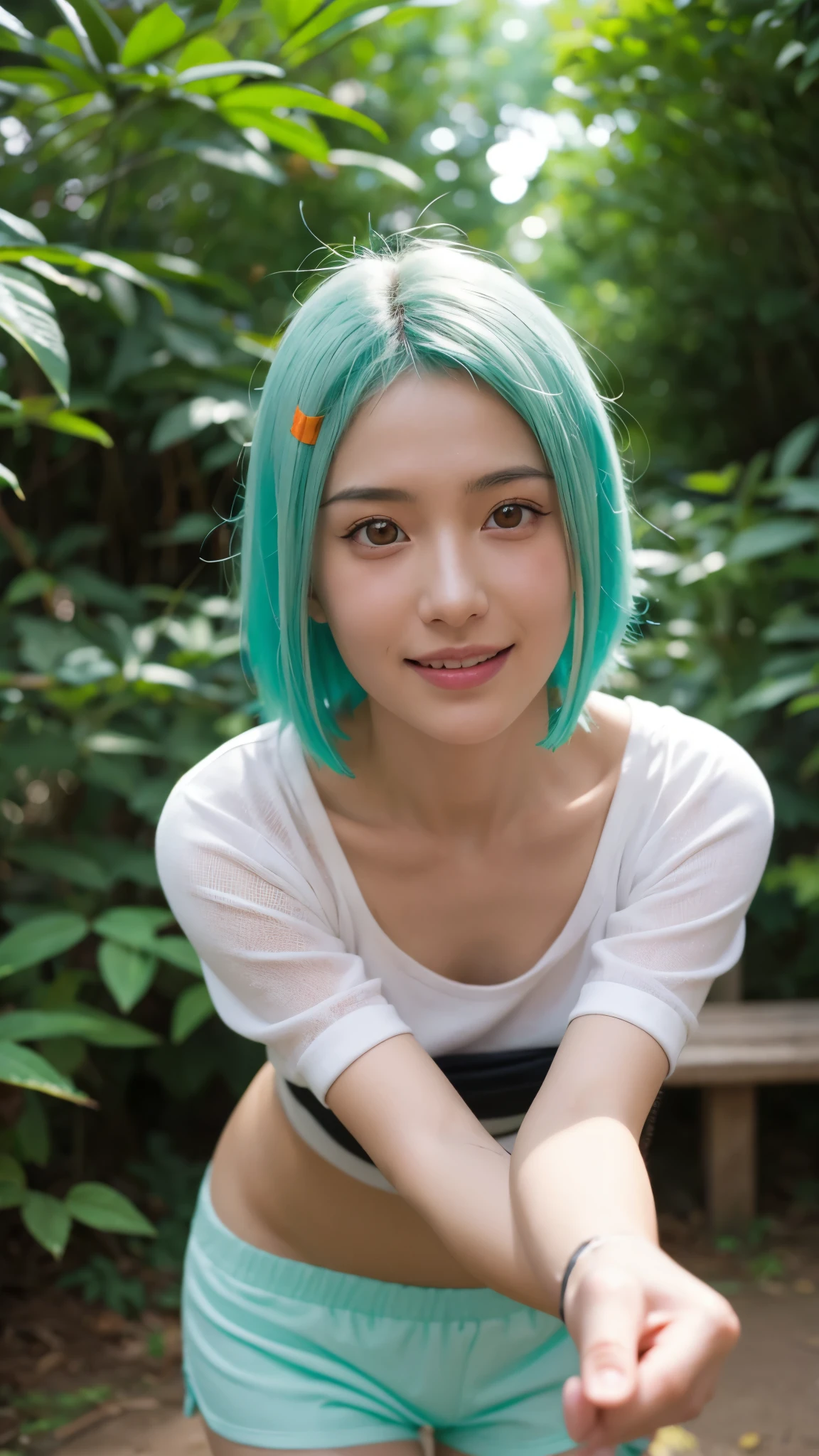 "A hyper-realistic portrait of Fu, the Seven-Tails Jinchuriki from Naruto Shippuden, imagined as if she existed in the real world. She has vibrant mint-green hair styled in a playful and unique way, golden-orange eyes full of energy, and a warm, charming smile. Her skin is smooth and healthy, with a youthful glow. She wears a modernized version of her ninja outfit with realistic textures—green mesh top, black shorts, and orange sash—enhanced with detailed stitching and tactical gear. The background features a soft natural forest scene, subtly glowing with chakra energy. Ultra-detailed facial features, cinematic lighting, 8K resolution, photorealism, perfect symmetry, realistic shadows, soft depth of field, expressive and lifelike."
