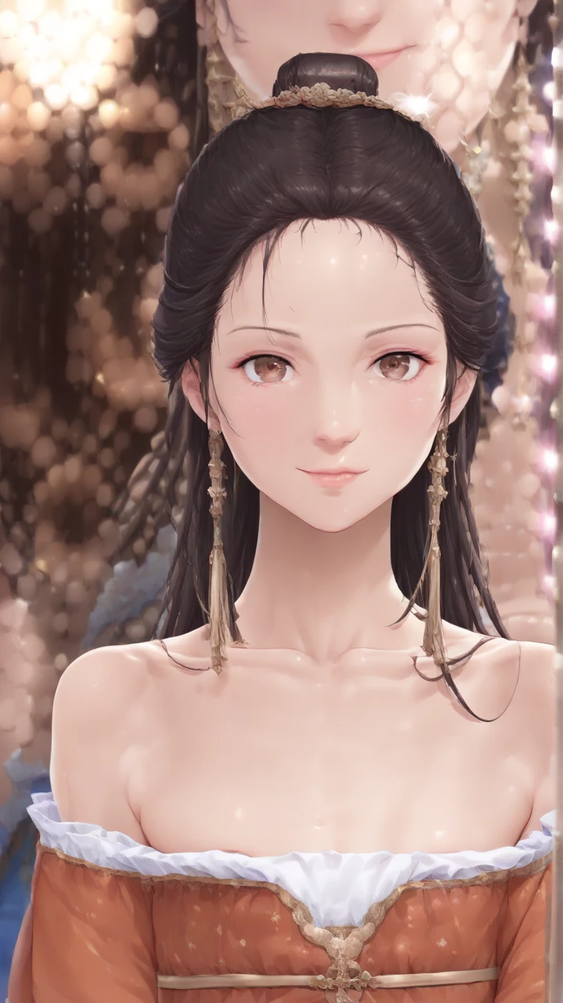 face-up, portrait, best quality, super fine, 16k, incredibly absurdres, extremely detailed, 2.5D, delicate and dynamic, beautiful woman, shining iridescent pupils, empty eyes, ivory messy wavy short hair, forehead, captivating look, aroused expression, happy, smile, shy, great effects, backgrounds destruction