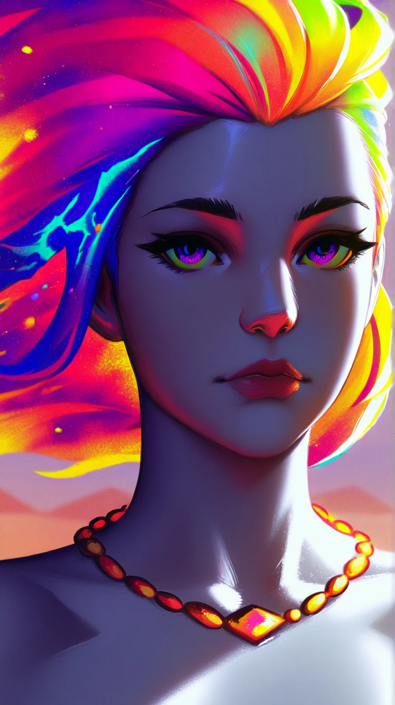 1 girl, solo, portrait , digital illustrated, flowing hair, glowing rainbow hair, night, red_moon, looking at the camera , looking_at_viewer, ring lighting, rim lighting, trending on artstation, wlop, dsktaro1