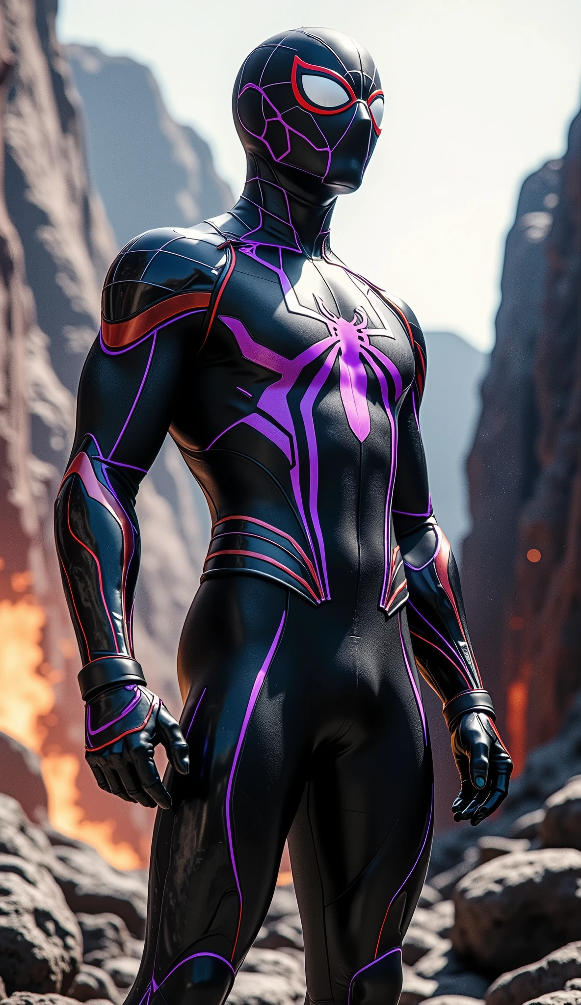 "Low-angle full-body shot of Spider-Man in sharp obsidian cyber armor with glossy black surfaces and purple glowing lines, modern tight-fitting Spider-Man mask. No hood, no cape, no helmet, no robe. Head and face fully visible, uncovered. Standing from head to toe, entire body in frame, wide shot, camera pulled back, no cropping. Futuristic volcanic ruins in background, cinematic lighting, ultra-detailed, 8K."